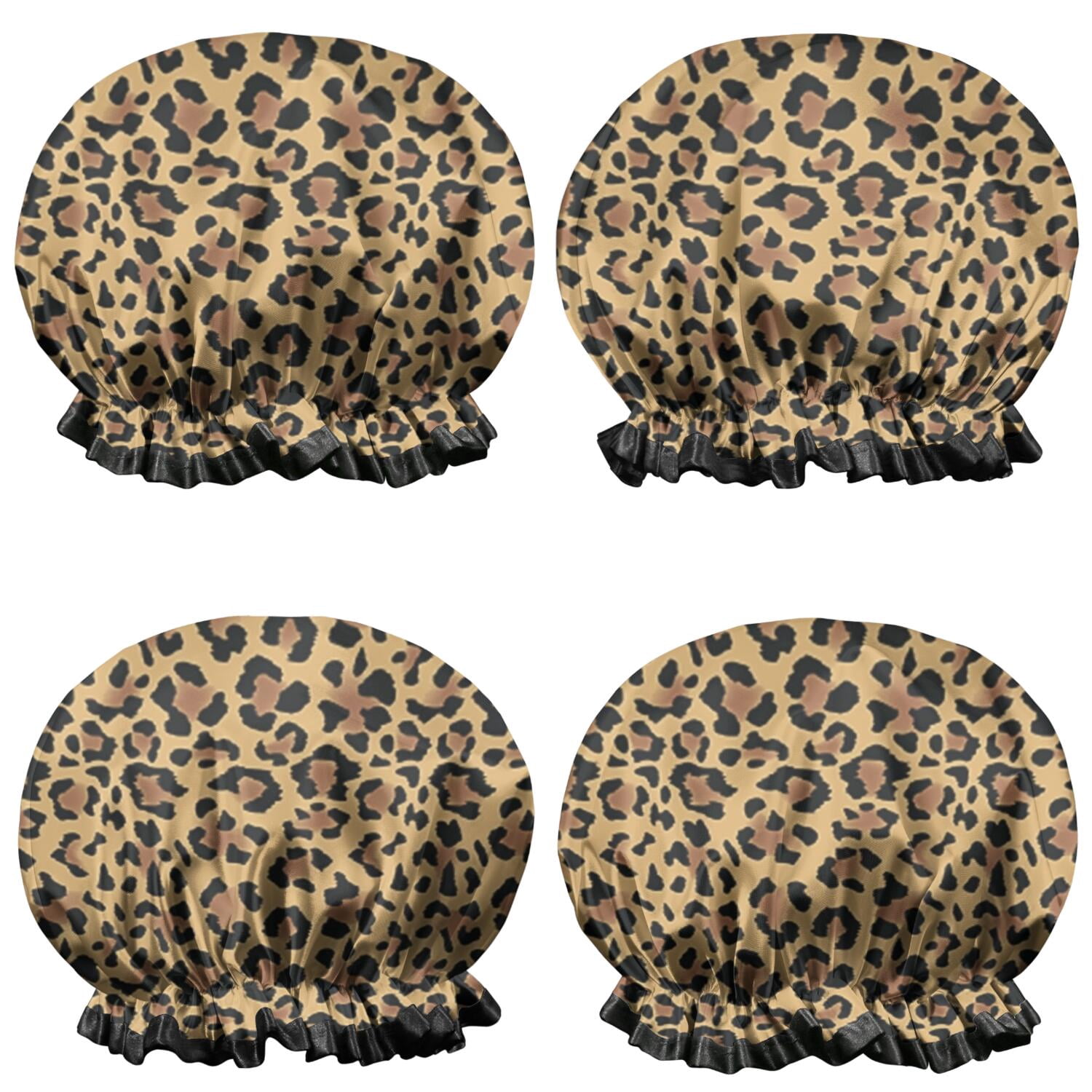 Shower Caps,Brown and Black Leopard Print Waterproof Shower Cap for Women 4 Pieces,Double Reusable Hair Cover for Shower PEVA Elastic Stretch Hem
