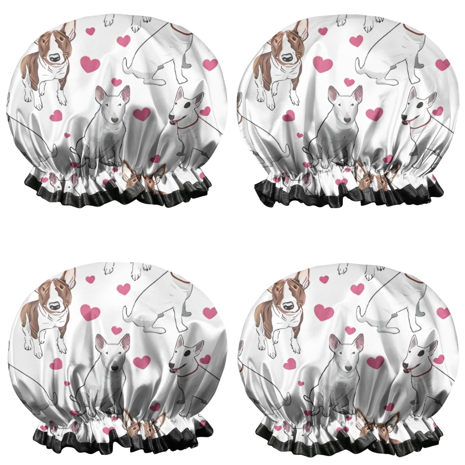 Shower Caps,Bull Terriers and Hearts Waterproof Shower Cap for Women 4 Pieces,Double Reusable Hair Cover for Shower PEVA Elastic Stretch Hem