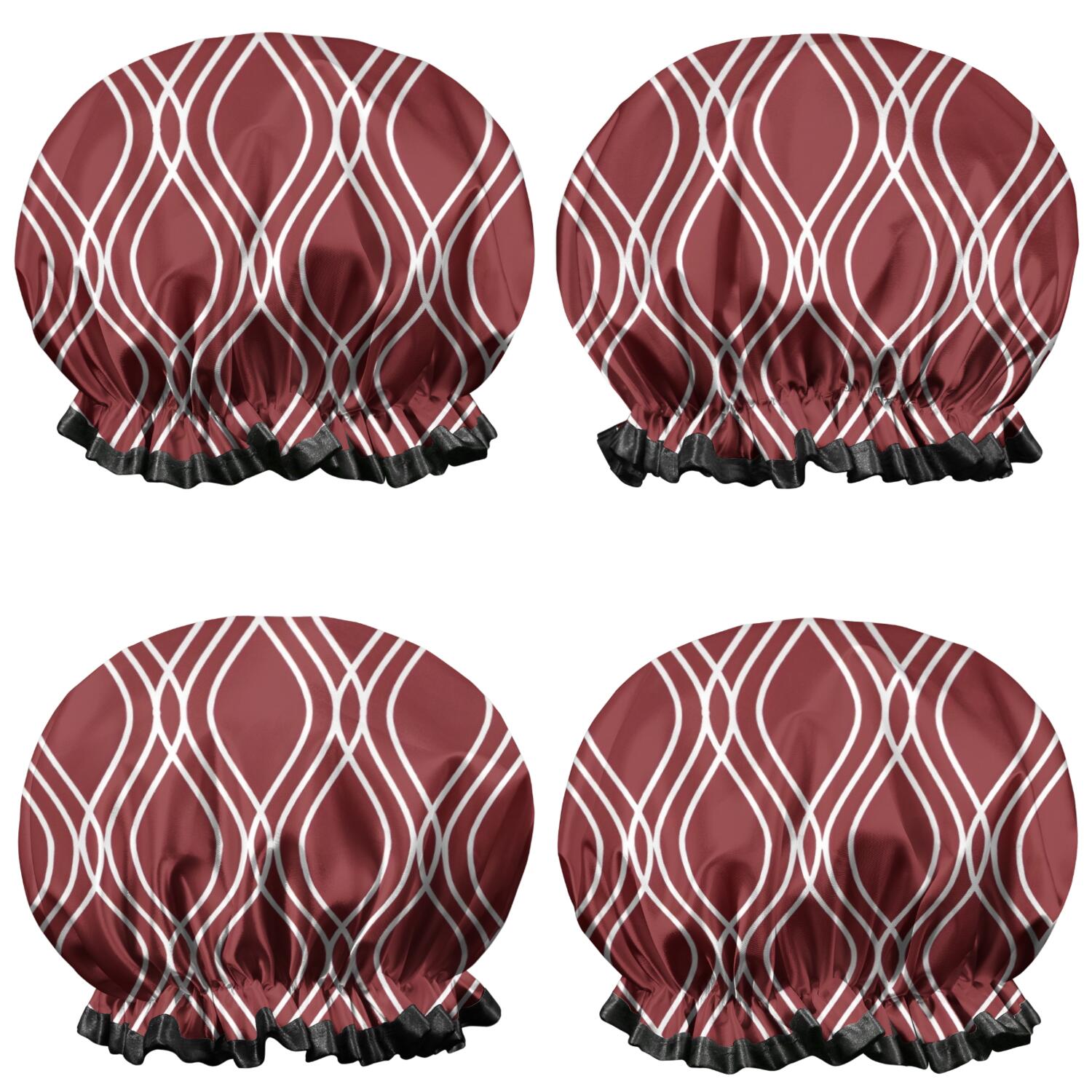 Shower Caps,Burgundy and White Wavy Pattern Waterproof Shower Cap for Women 4 Pieces,Double Reusable Hair Cover for Shower PEVA Elastic Stretch Hem