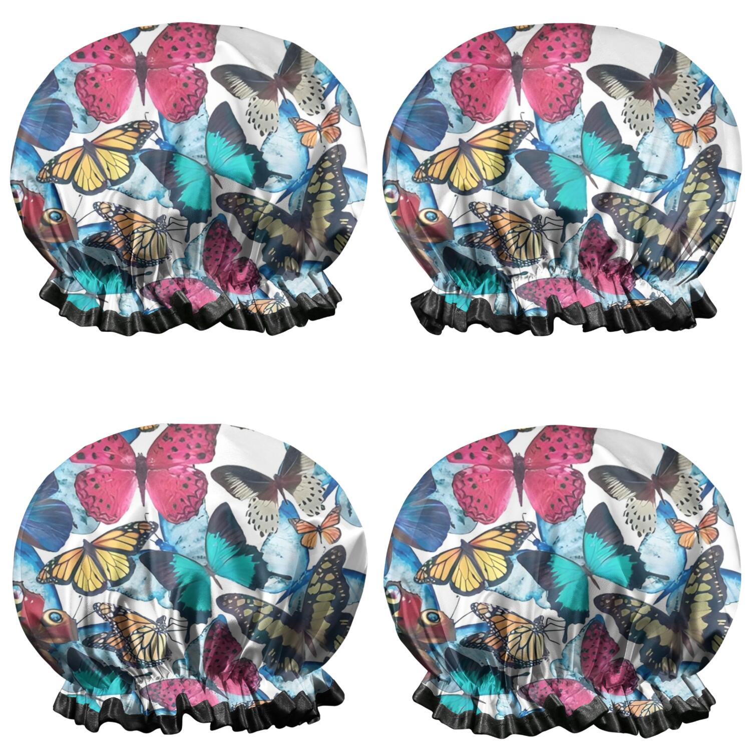 Shower Caps,Butterfly Blue Pink Wing Pattern Waterproof Shower Cap for Women 4 Pieces,Double Reusable Hair Cover for Shower PEVA Elastic Stretch Hem