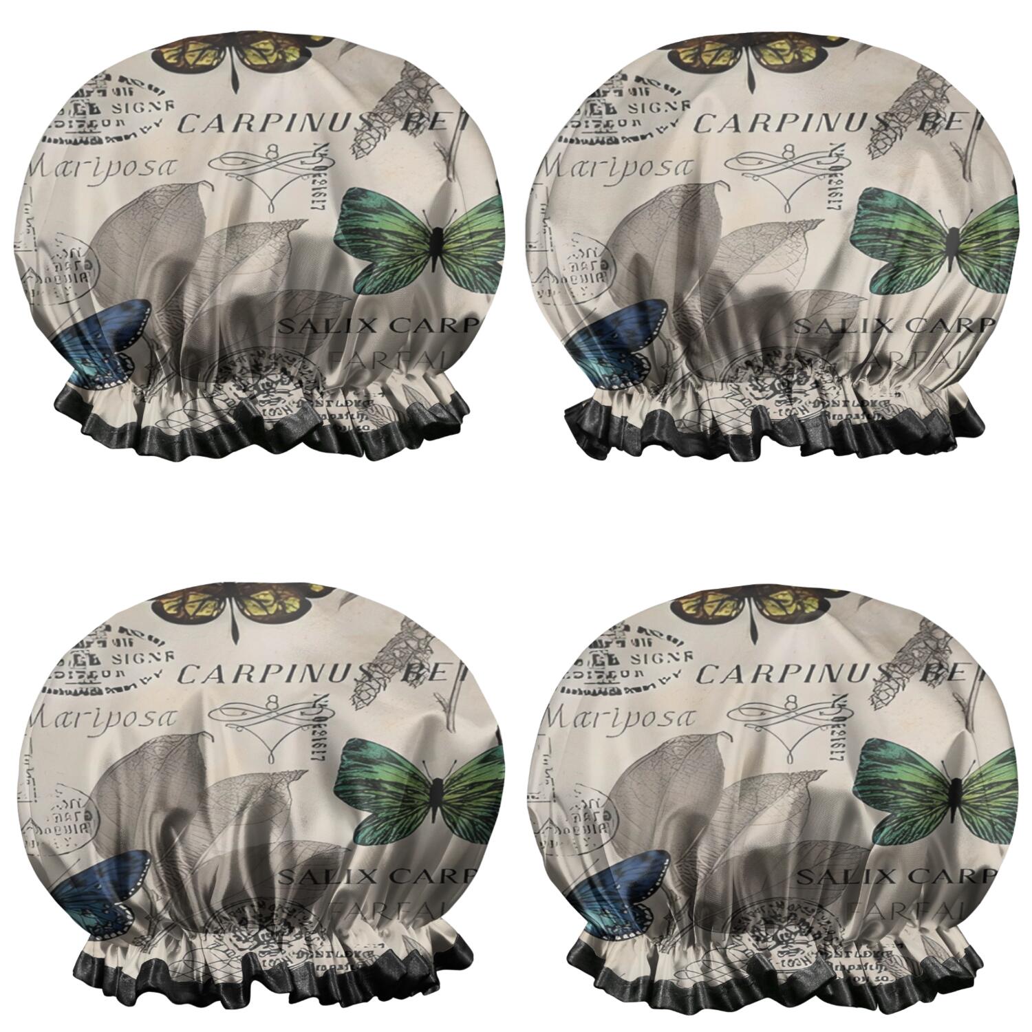 Shower Caps,Butterfly Leaf Text Pattern Waterproof Shower Cap for Women 4 Pieces,Double Reusable Hair Cover for Shower PEVA Elastic Stretch Hem