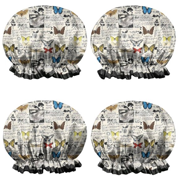 Shower Caps,Butterfly Text Pattern Waterproof Shower Cap for Women 4 Pieces,Double Reusable Hair Cover for Shower PEVA Elastic Stretch Hem