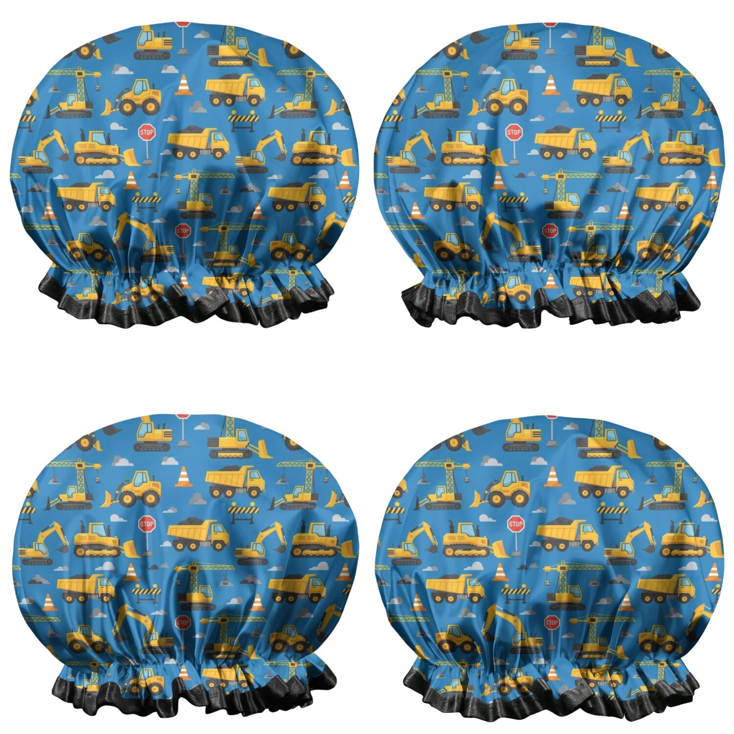 Shower Caps,Cartoon Construction Vehicles Barriers Blue Pattern Waterproof Shower Cap for Women 4 Pieces,Double Reusable Hair Cover for Shower PEVA Elastic Stretch Hem