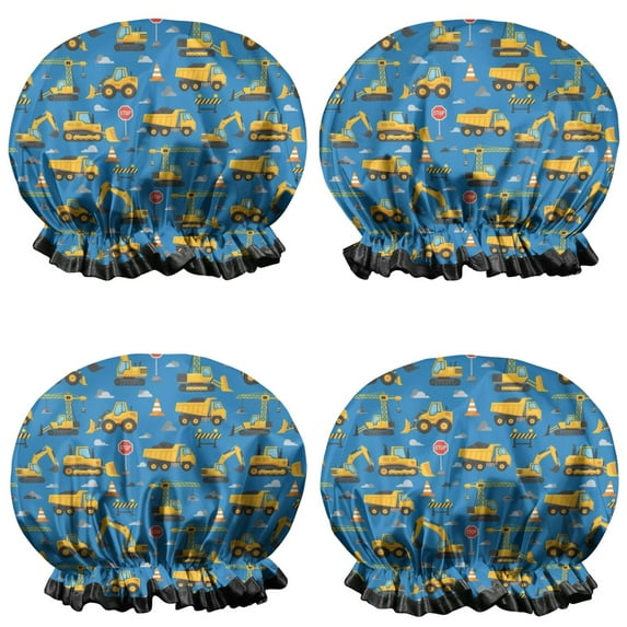 Shower Caps,Cartoon Construction Vehicles Barriers Blue Pattern Waterproof Shower Cap for Women 4 Pieces,Double Reusable Hair Cover for Shower PEVA Elastic Stretch Hem