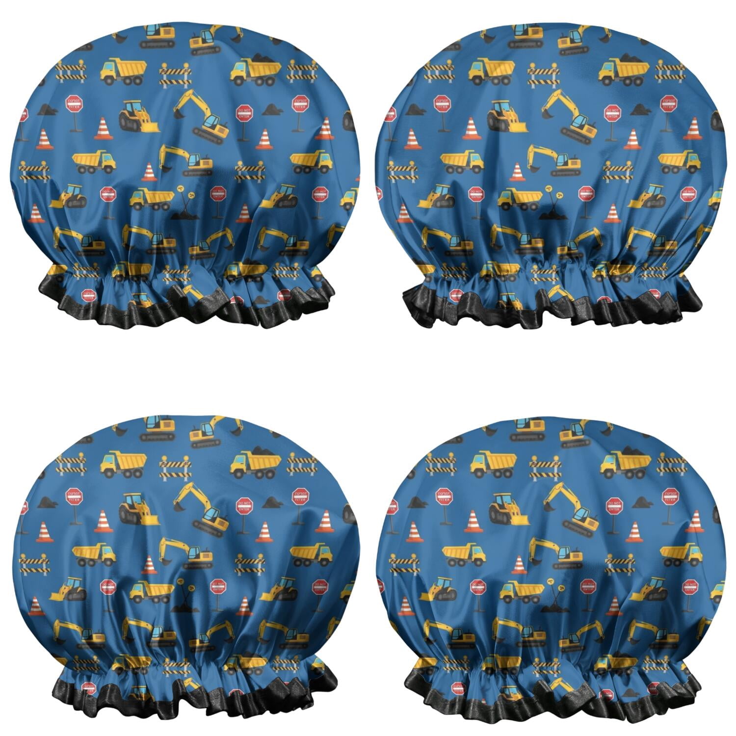 Shower Caps,Cartoon Construction Vehicles Traffic Signs Waterproof Shower Cap for Women 4 Pieces,Double Reusable Hair Cover for Shower PEVA Elastic Stretch Hem