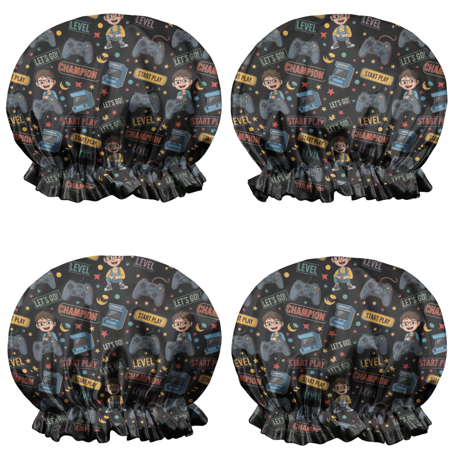 Shower Caps,Cartoon Controllers Games Icons Black Pattern Waterproof Shower Cap for Women 4 Pieces,Double Reusable Hair Cover for Shower PEVA Elastic Stretch Hem