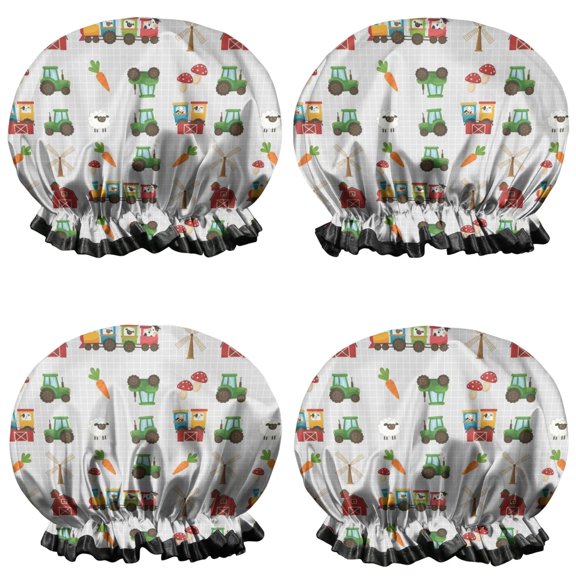 Shower Caps,Cartoon Tractors Carrots Gray Pattern Waterproof Shower Cap for Women 4 Pieces,Double Reusable Hair Cover for Shower PEVA Elastic Stretch Hem