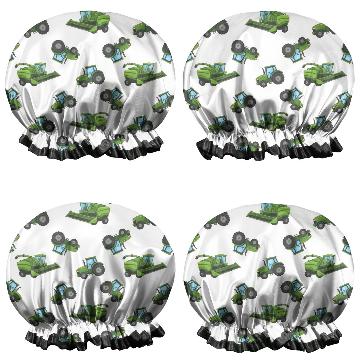 Shower Caps,Cartoon Tractors Harvesters White Pattern Waterproof Shower Cap for Women 4 Pieces,Double Reusable Hair Cover for Shower PEVA Elastic Stretch Hem