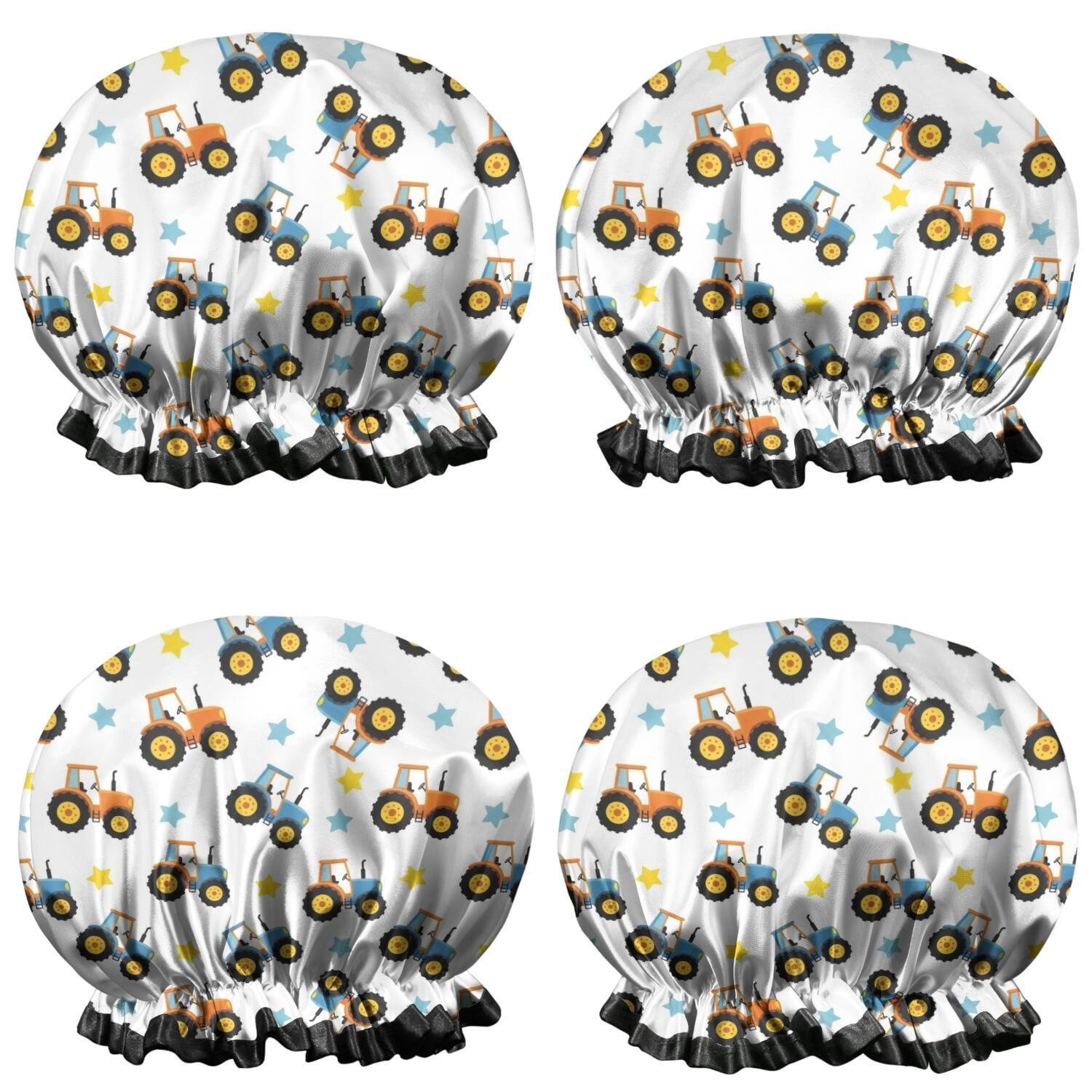 Shower Caps,Cartoon Tractors Stars White Pattern Waterproof Shower Cap for Women 4 Pieces,Double Reusable Hair Cover for Shower PEVA Elastic Stretch Hem
