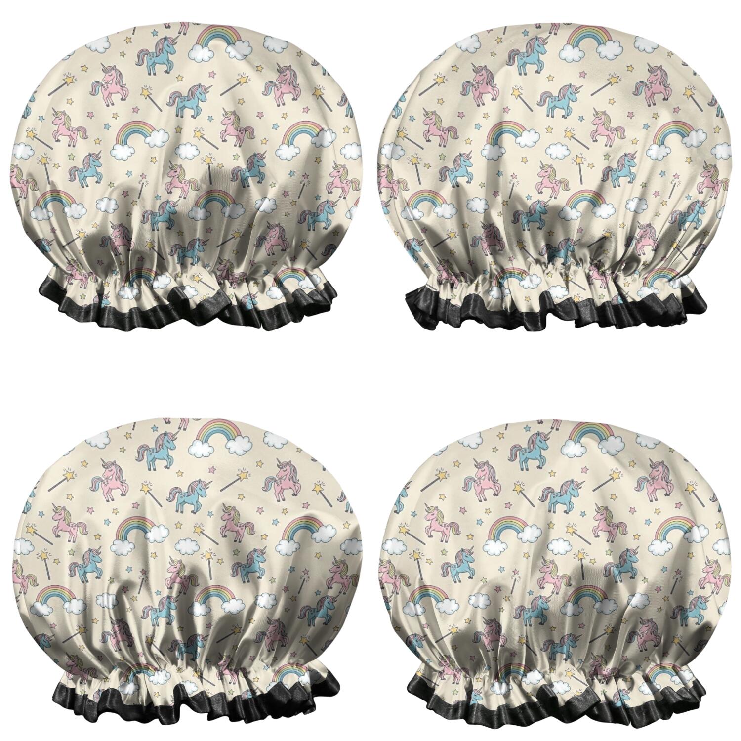 Shower Caps,Cartoon Unicorn Rainbow Star Magic Wand Cloud Waterproof Shower Cap for Women 4 Pieces,Double Reusable Hair Cover for Shower PEVA Elastic Stretch Hem