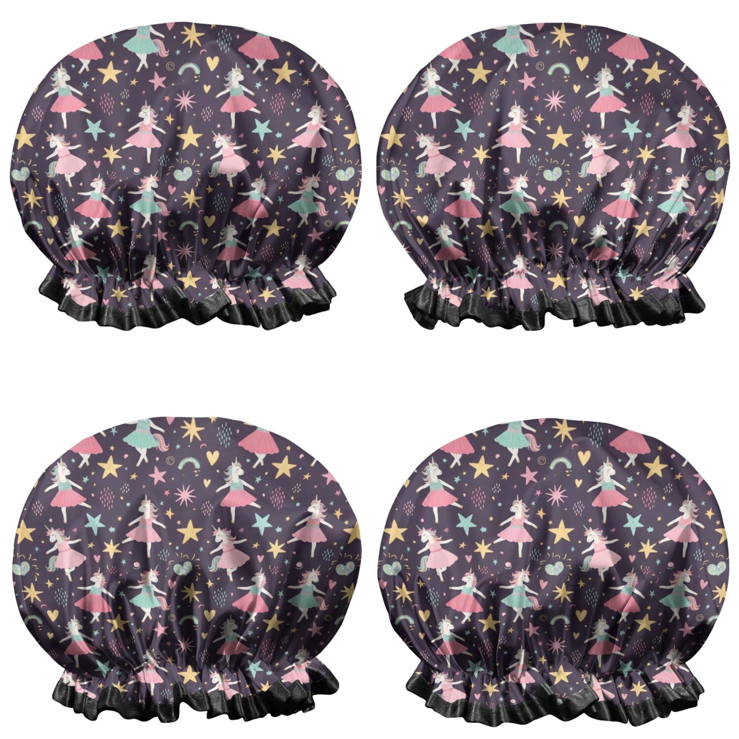 Shower Caps,Cartoon Unicorn Star Heart Pattern Waterproof Shower Cap for Women 4 Pieces,Double Reusable Hair Cover for Shower PEVA Elastic Stretch Hem