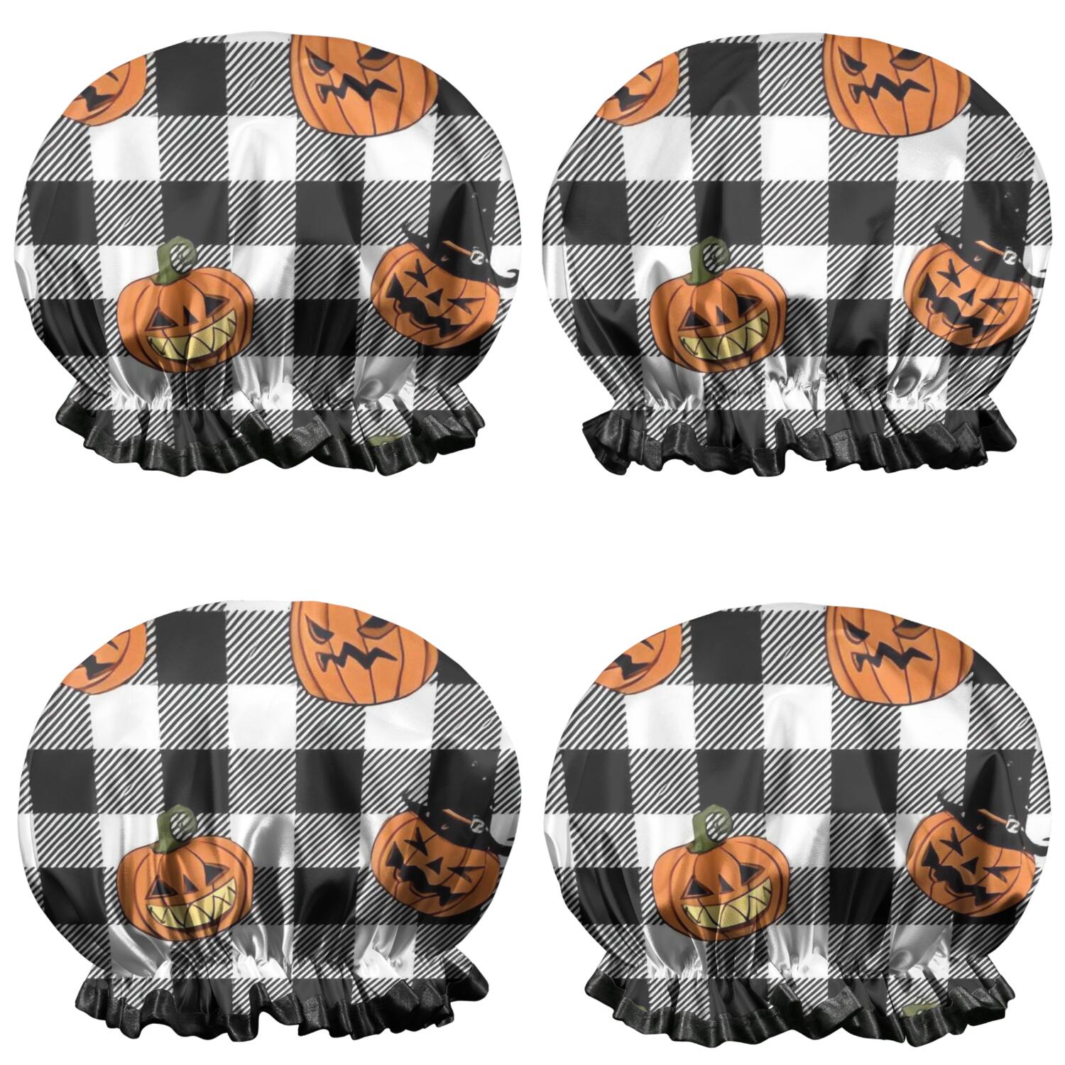 Shower Caps,Checkered Halloween Pumpkin Pattern Waterproof Shower Cap for Women 4 Pieces,Double Reusable Hair Cover for Shower PEVA Elastic Stretch Hem