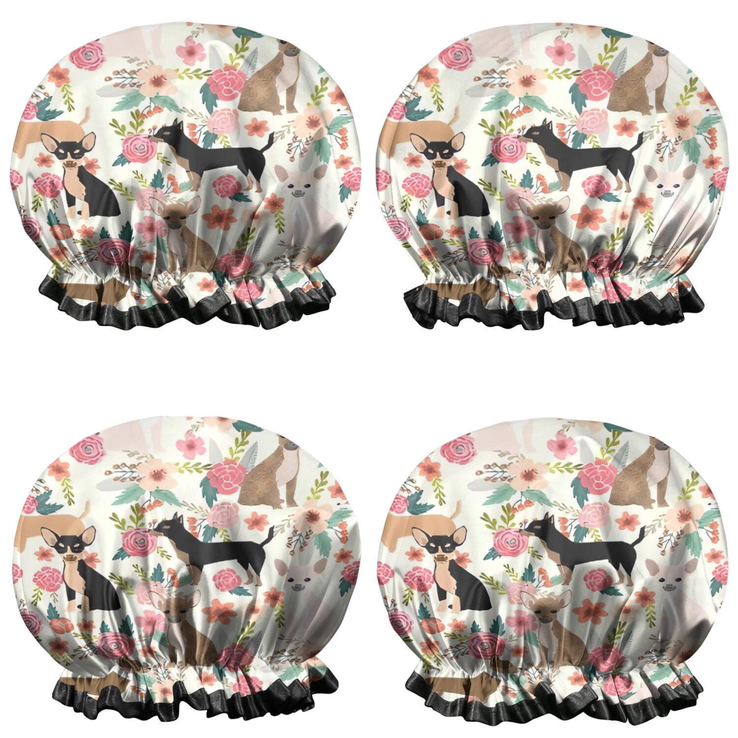 Shower Caps,Chihuahua and Pioneer Flower Waterproof Shower Cap for Women 4 Pieces,Double Reusable Hair Cover for Shower PEVA Elastic Stretch Hem