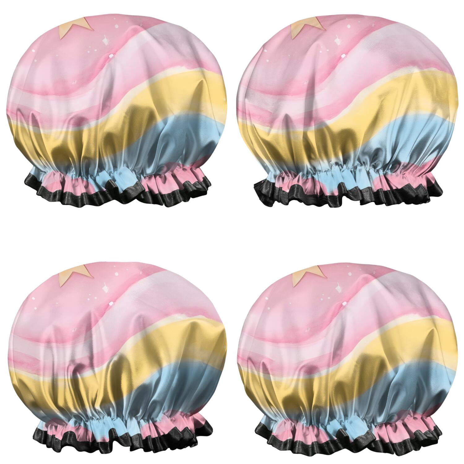 Shower Caps,Colorful Cloud Star Pattern Waterproof Shower Cap for Women 4 Pieces,Double Reusable Hair Cover for Shower PEVA Elastic Stretch Hem