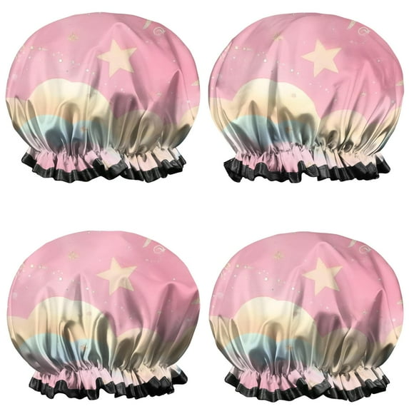 Shower Caps,Colorful Cloud Star Pattern Waterproof Shower Cap for Women 4 Pieces,Double Reusable Hair Cover for Shower PEVA Elastic Stretch Hem