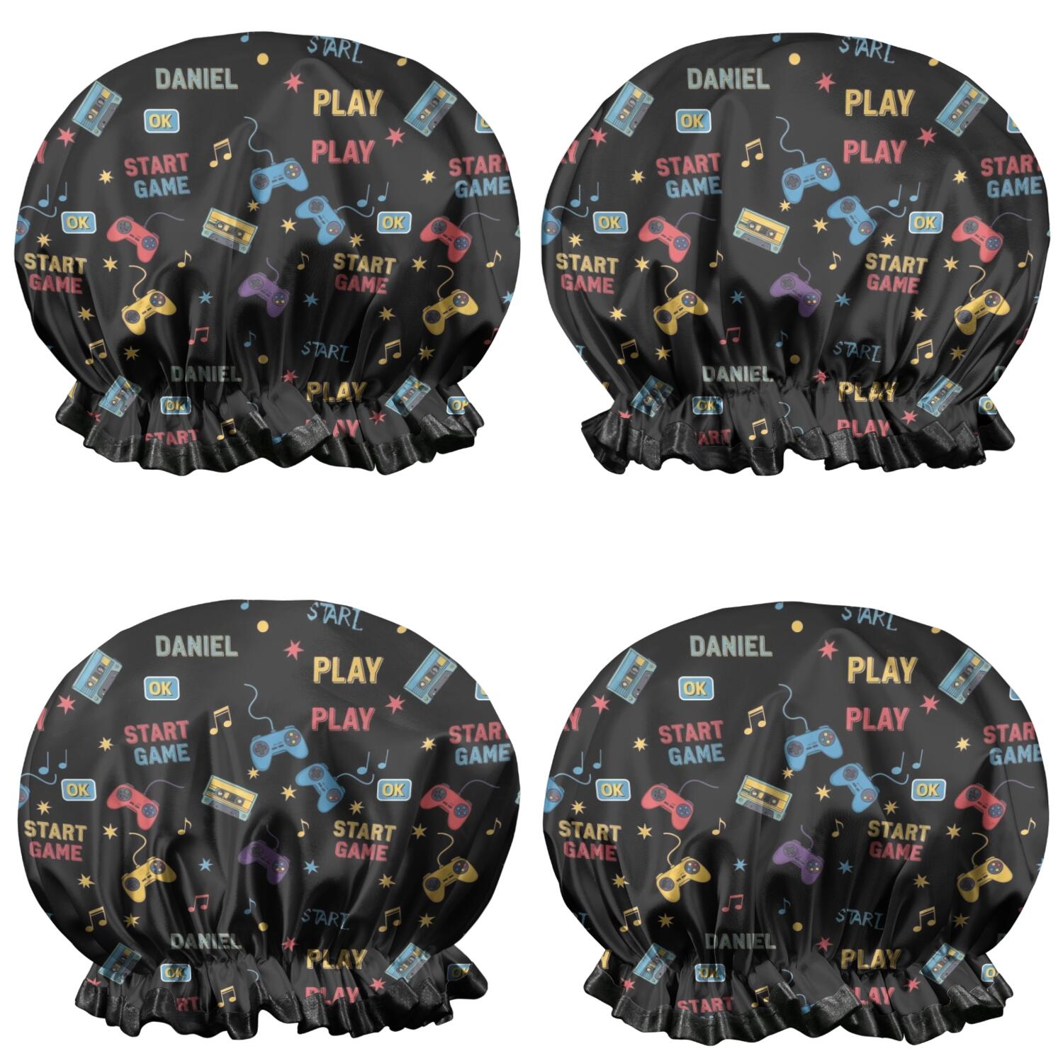 Shower Caps,Colorful Controllers Games Music Black Pattern Waterproof Shower Cap for Women 4 Pieces,Double Reusable Hair Cover for Shower PEVA Elastic Stretch Hem