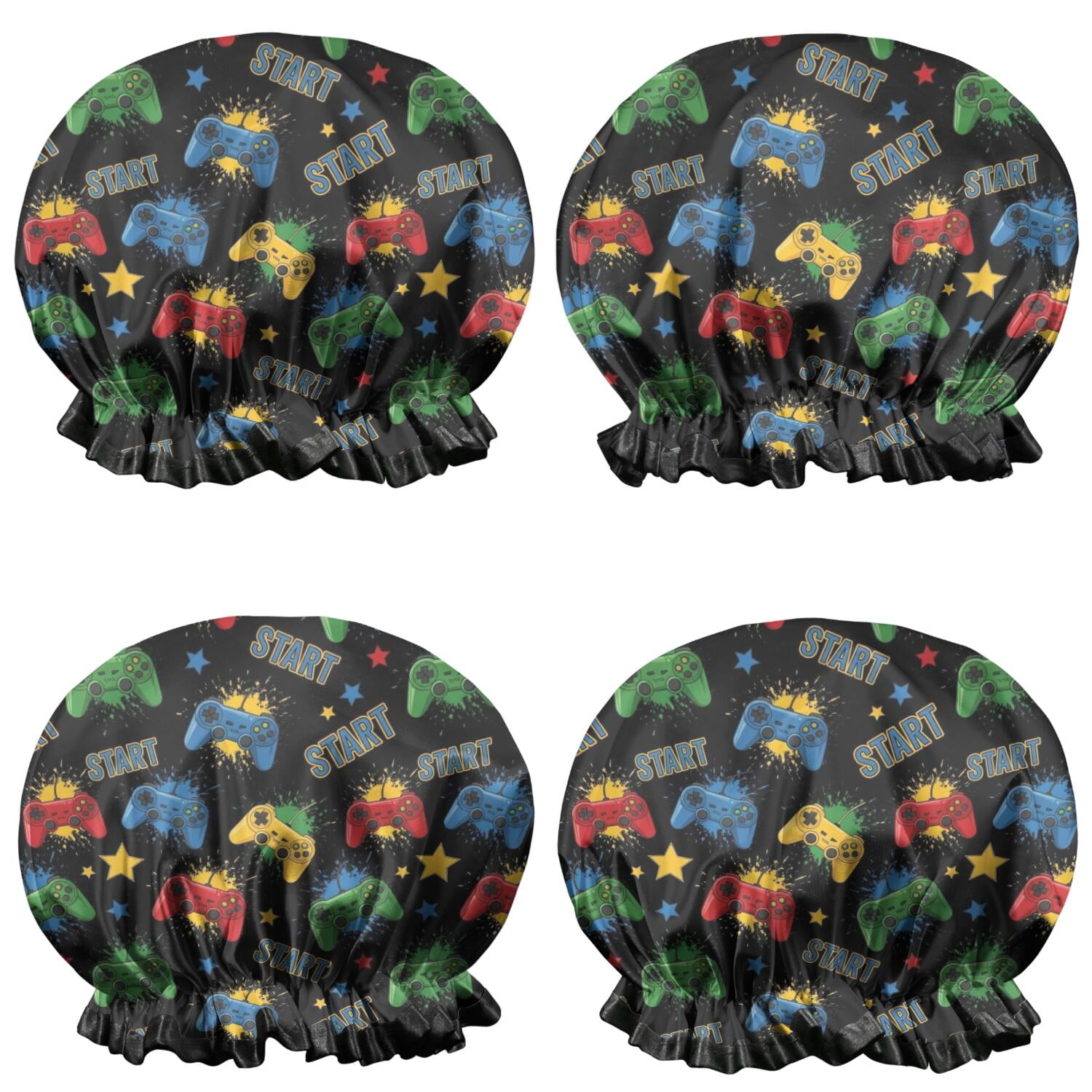 Shower Caps,Colorful Controllers Games Stars Black Pattern Waterproof Shower Cap for Women 4 Pieces,Double Reusable Hair Cover for Shower PEVA Elastic Stretch Hem
