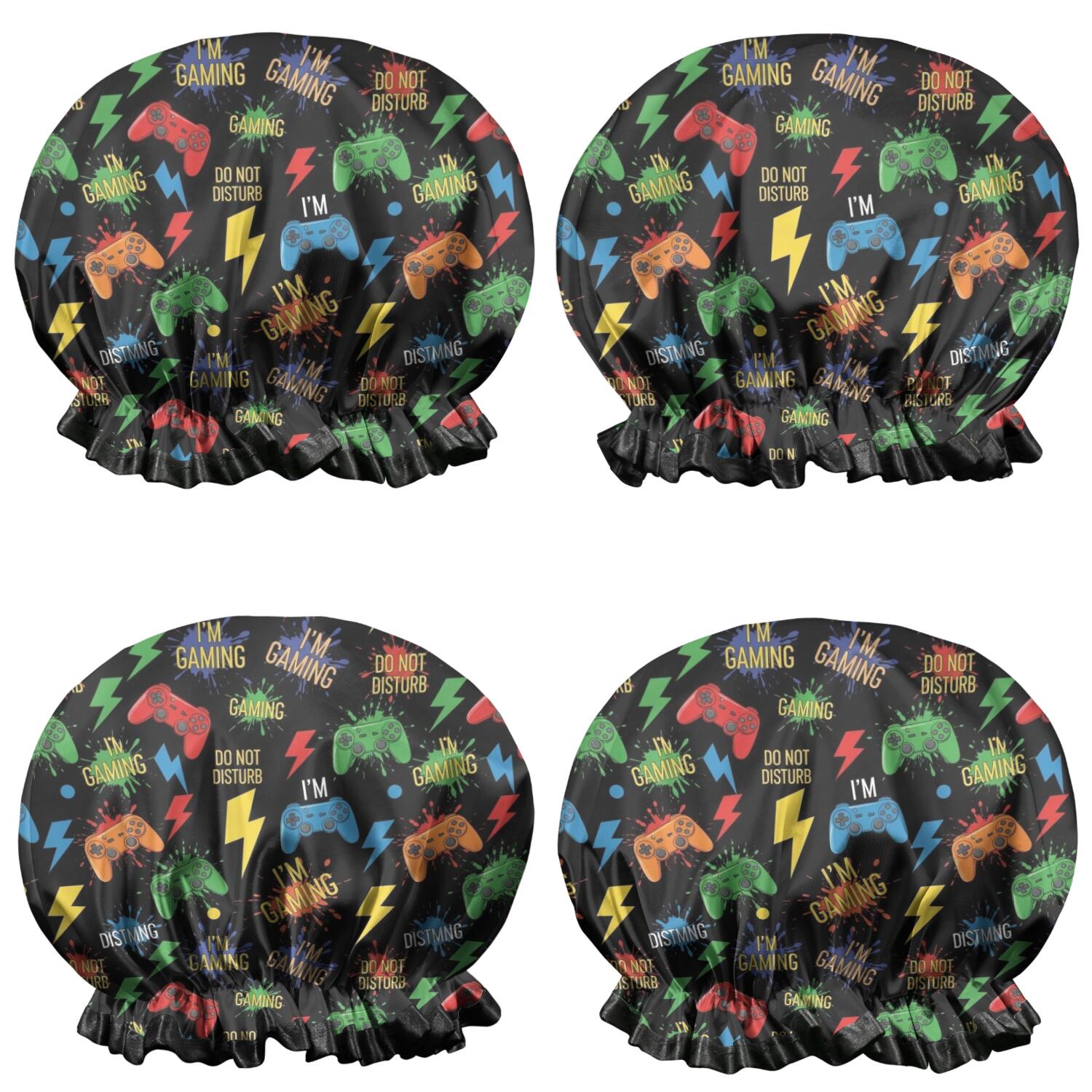 Shower Caps,Colorful Controllers Games Words Black Pattern Waterproof Shower Cap for Women 4 Pieces,Double Reusable Hair Cover for Shower PEVA Elastic Stretch Hem