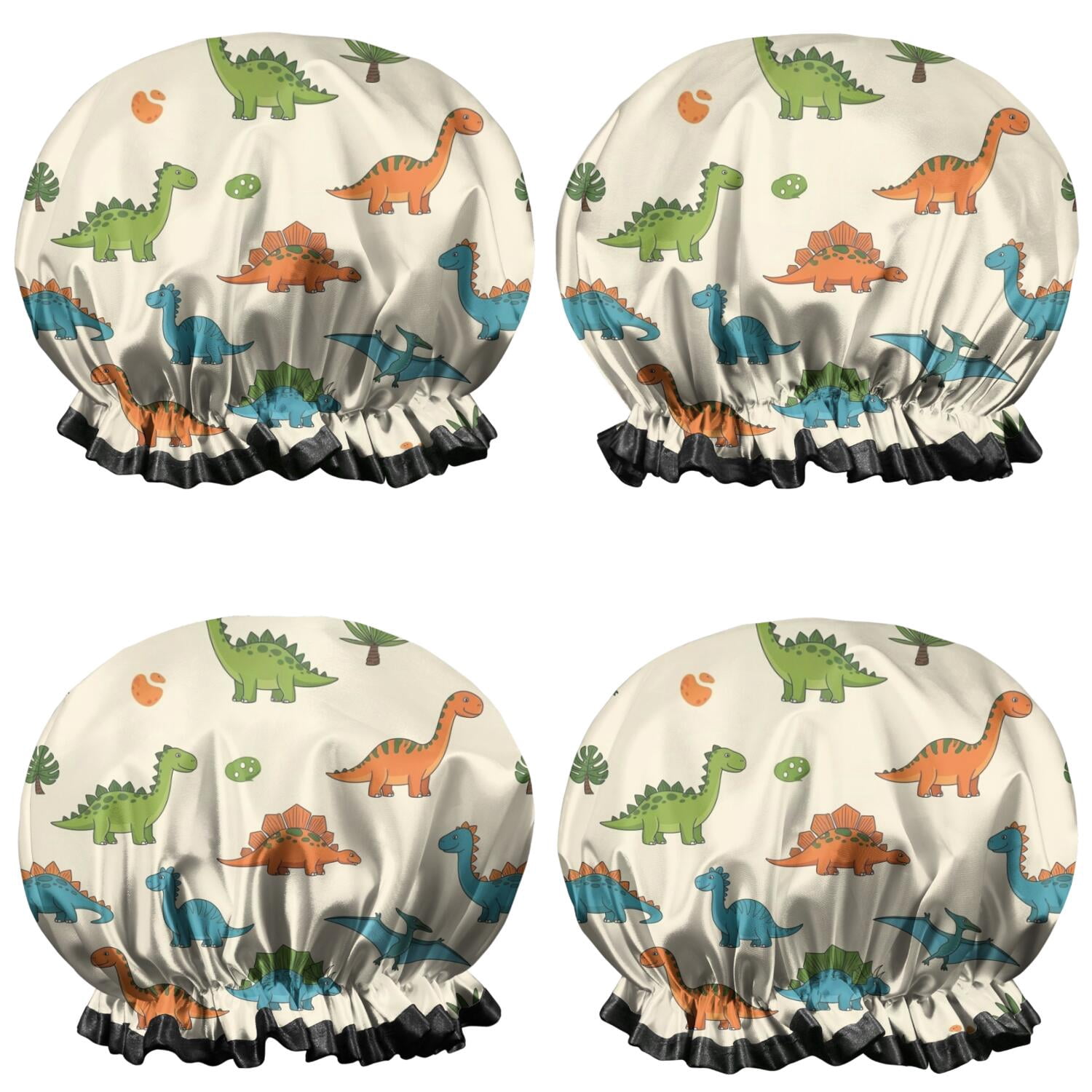 Shower Caps,Colorful Dinosaur and Leaf Pattern Waterproof Shower Cap for Women 4 Pieces,Double Reusable Hair Cover for Shower PEVA Elastic Stretch Hem