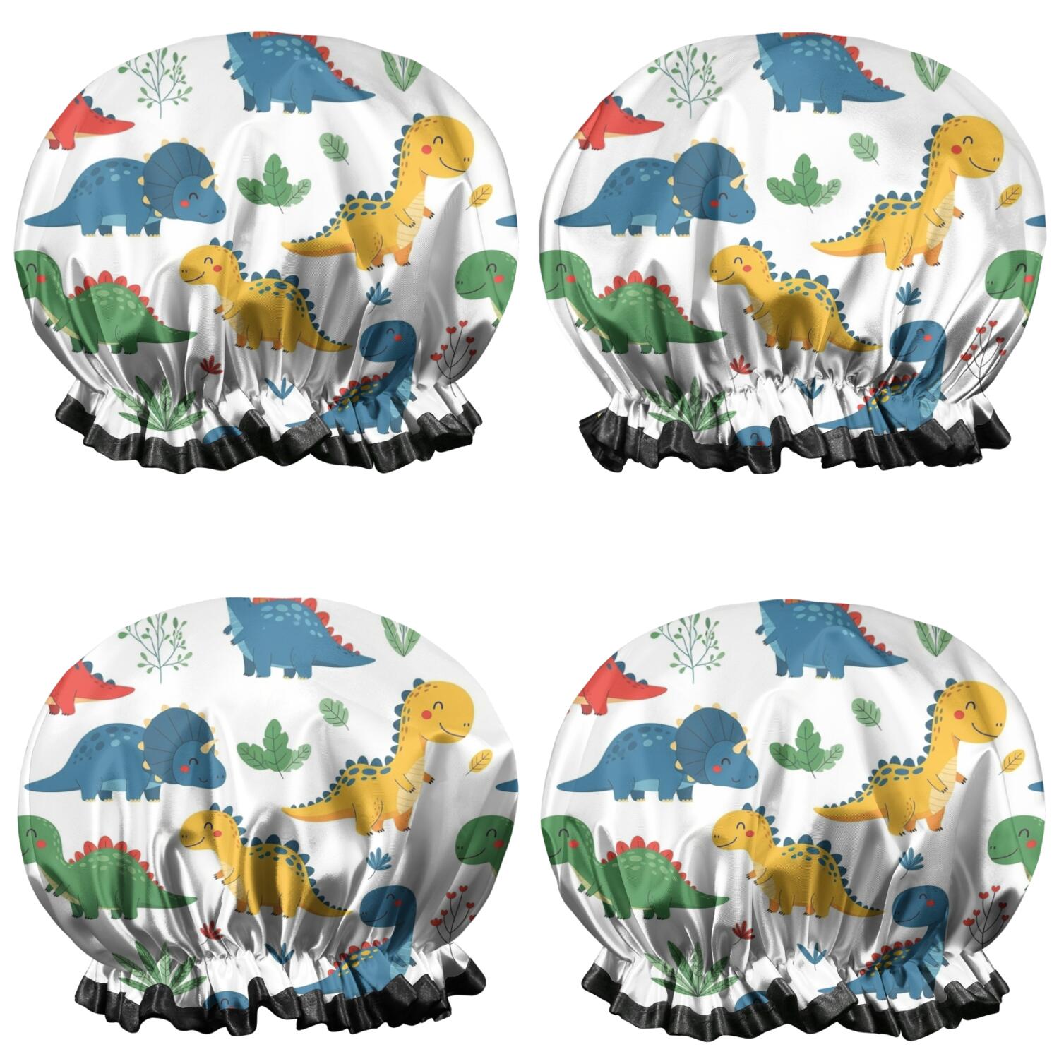 Shower Caps,Colorful Dinosaur and Leaf Pattern Waterproof Shower Cap for Women 4 Pieces,Double Reusable Hair Cover for Shower PEVA Elastic Stretch Hem