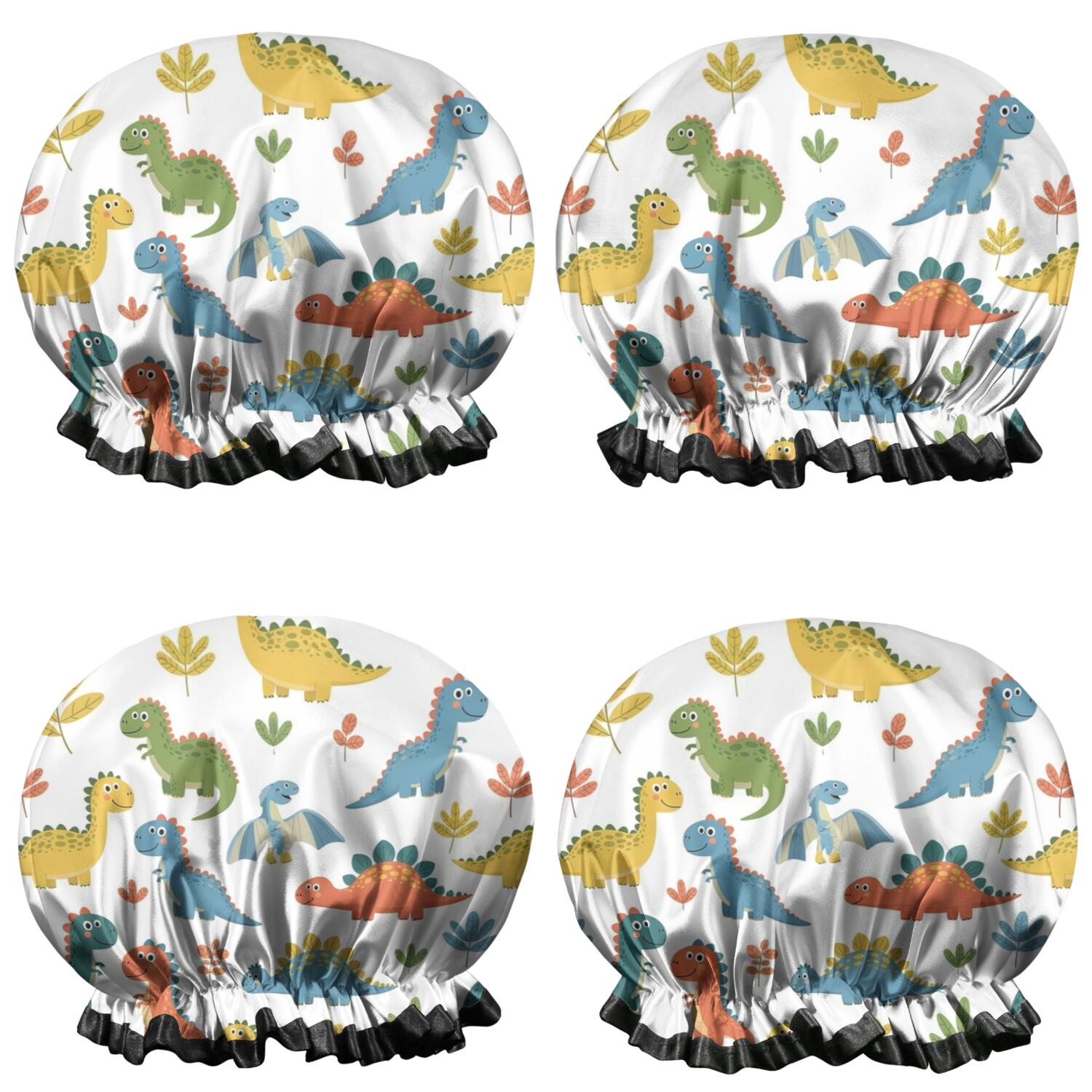 Shower Caps,Colorful Dinosaur and Leaf Pattern Waterproof Shower Cap for Women 4 Pieces,Double Reusable Hair Cover for Shower PEVA Elastic Stretch Hem