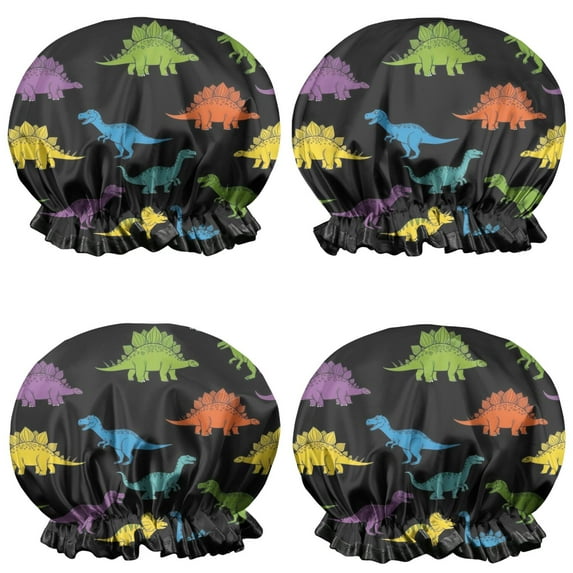 Shower Caps,Colorful Dinosaurs Black Pattern Waterproof Shower Cap for Women 4 Pieces,Double Reusable Hair Cover for Shower PEVA Elastic Stretch Hem