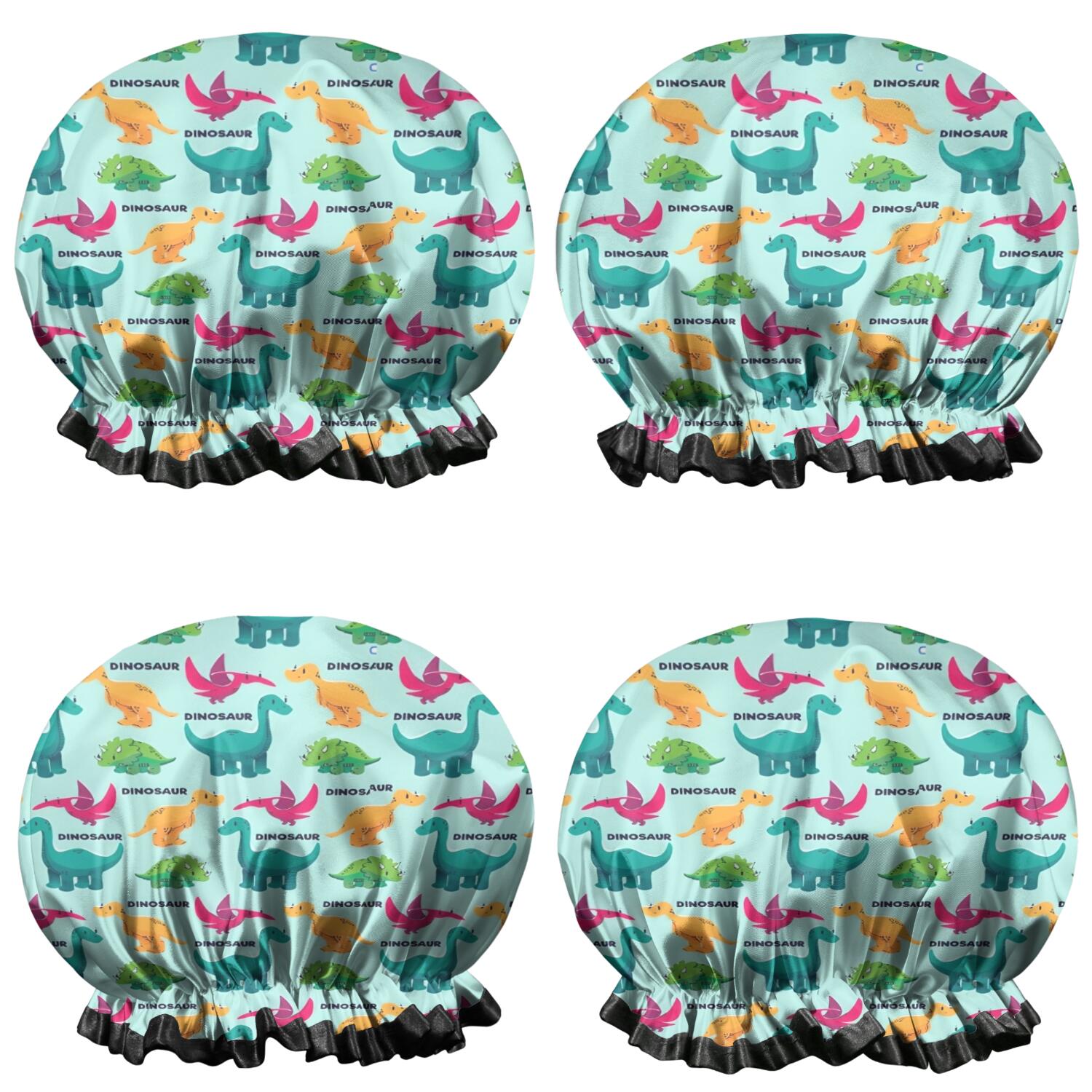 Shower Caps,Colorful Dinosaurs DINO Pattern Waterproof Shower Cap for Women 4 Pieces,Double Reusable Hair Cover for Shower PEVA Elastic Stretch Hem