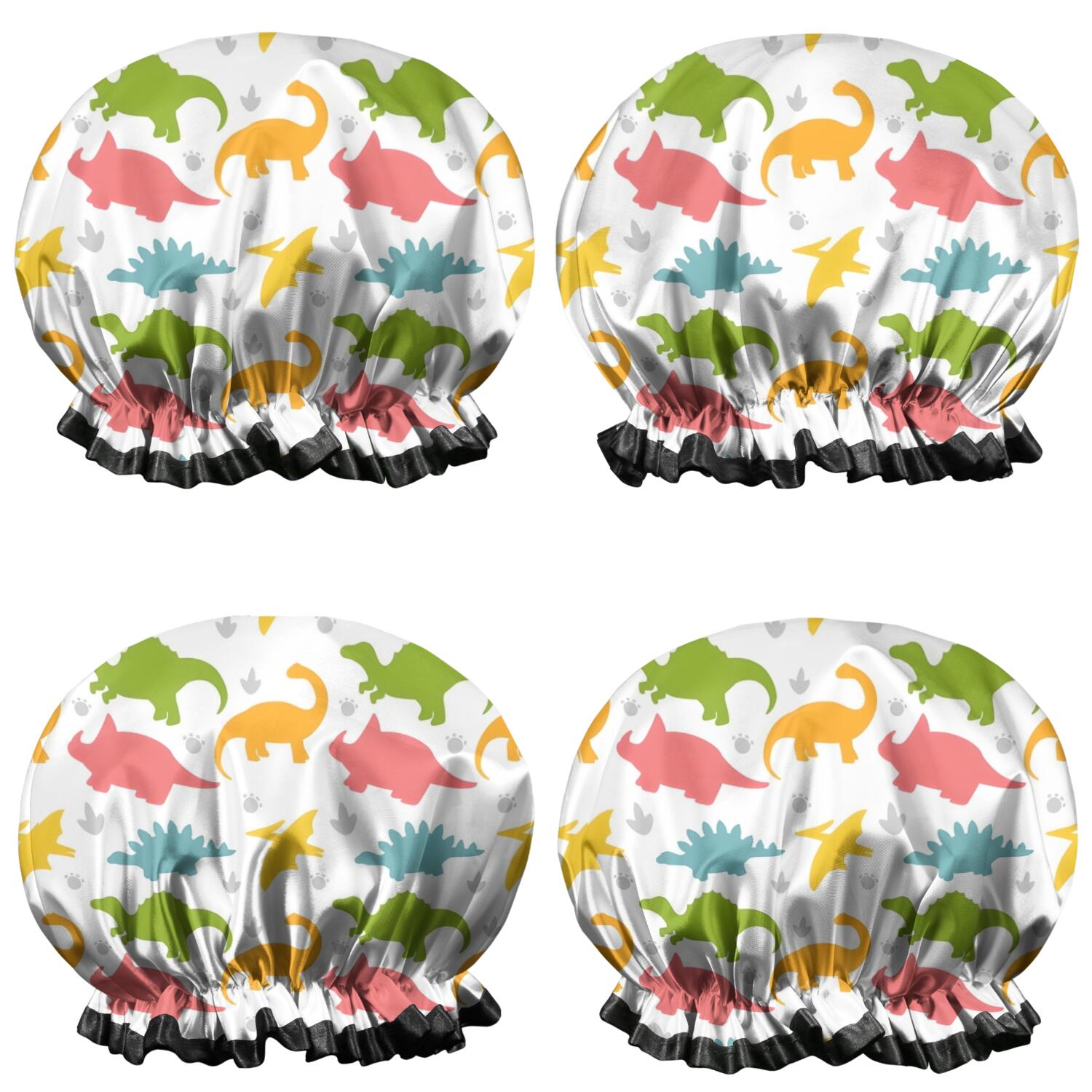 Shower Caps,Colorful Dinosaurs DiverseSilhouettes Pattern Waterproof Shower Cap for Women 4 Pieces,Double Reusable Hair Cover for Shower PEVA Elastic Stretch Hem