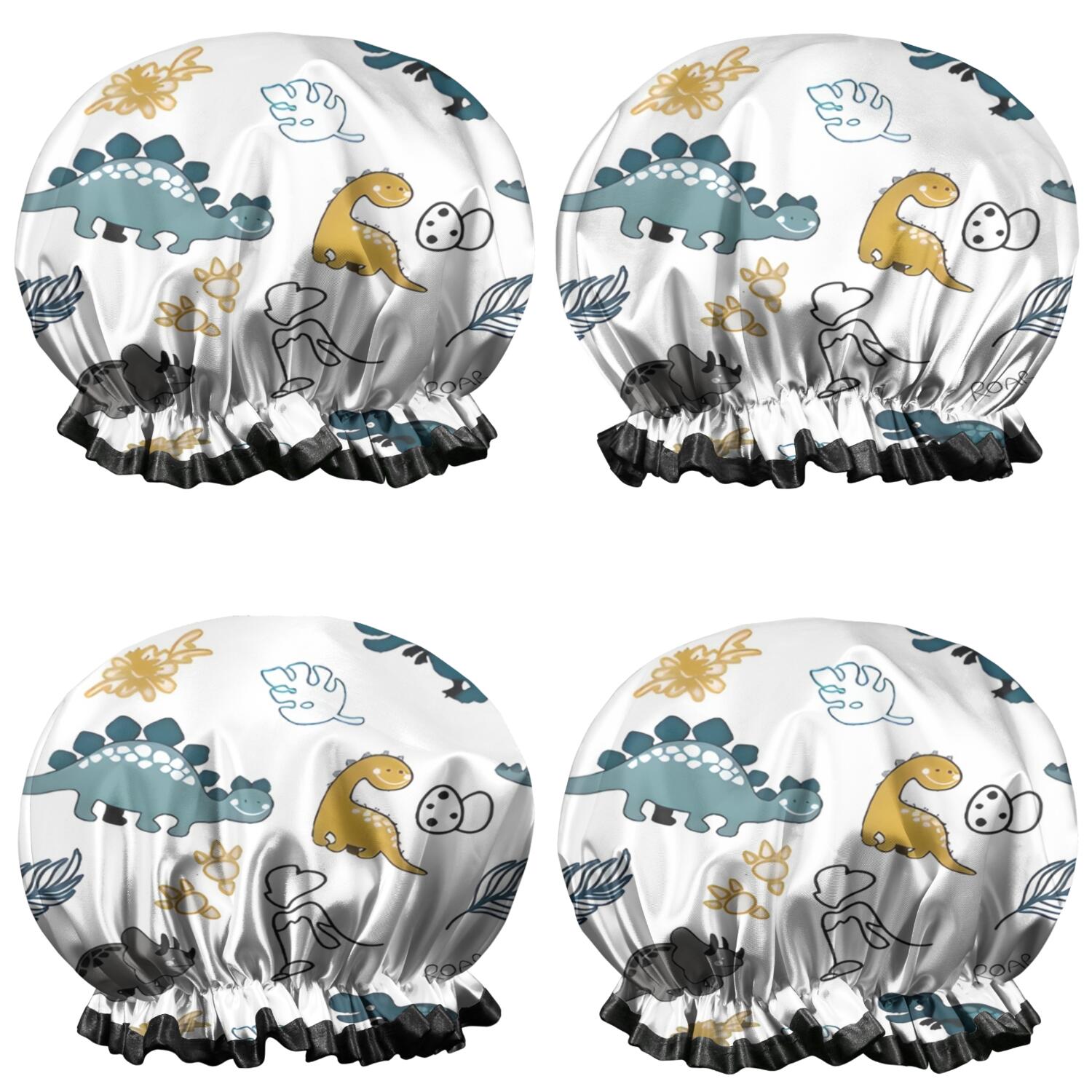 Shower Caps,Colorful Dinosaurs Eggs Leaves Pattern Waterproof Shower Cap for Women 4 Pieces,Double Reusable Hair Cover for Shower PEVA Elastic Stretch Hem