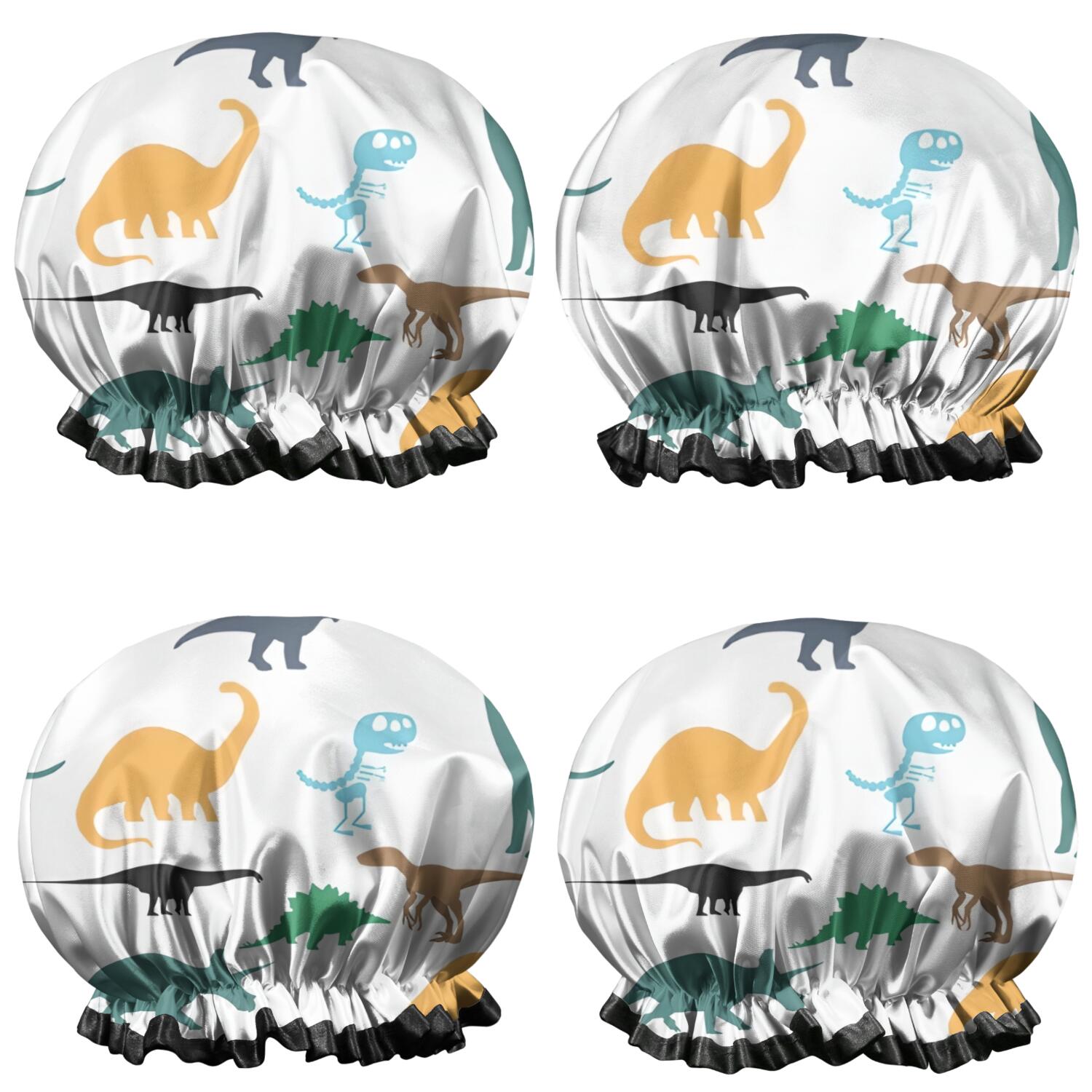 Shower Caps,Colorful Dinosaurs Silhouettes Pattern Waterproof Shower Cap for Women 4 Pieces,Double Reusable Hair Cover for Shower PEVA Elastic Stretch Hem
