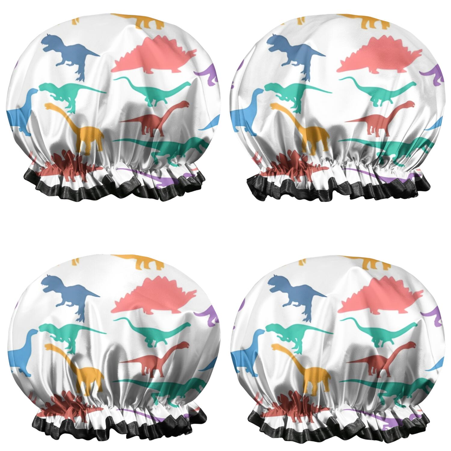Shower Caps,Colorful Dinosaurs Silhouettes Pattern Waterproof Shower Cap for Women 4 Pieces,Double Reusable Hair Cover for Shower PEVA Elastic Stretch Hem