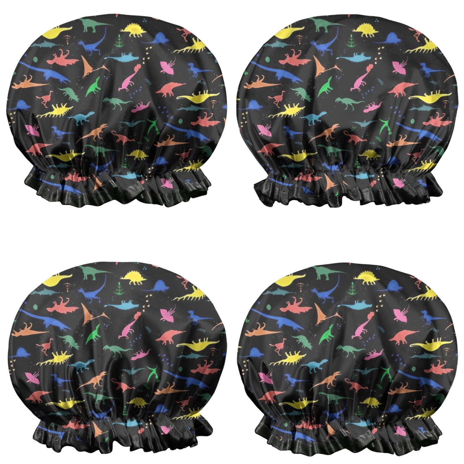 Shower Caps,Colorful Dinosaurs Silhouettes Pattern Waterproof Shower Cap for Women 4 Pieces,Double Reusable Hair Cover for Shower PEVA Elastic Stretch Hem