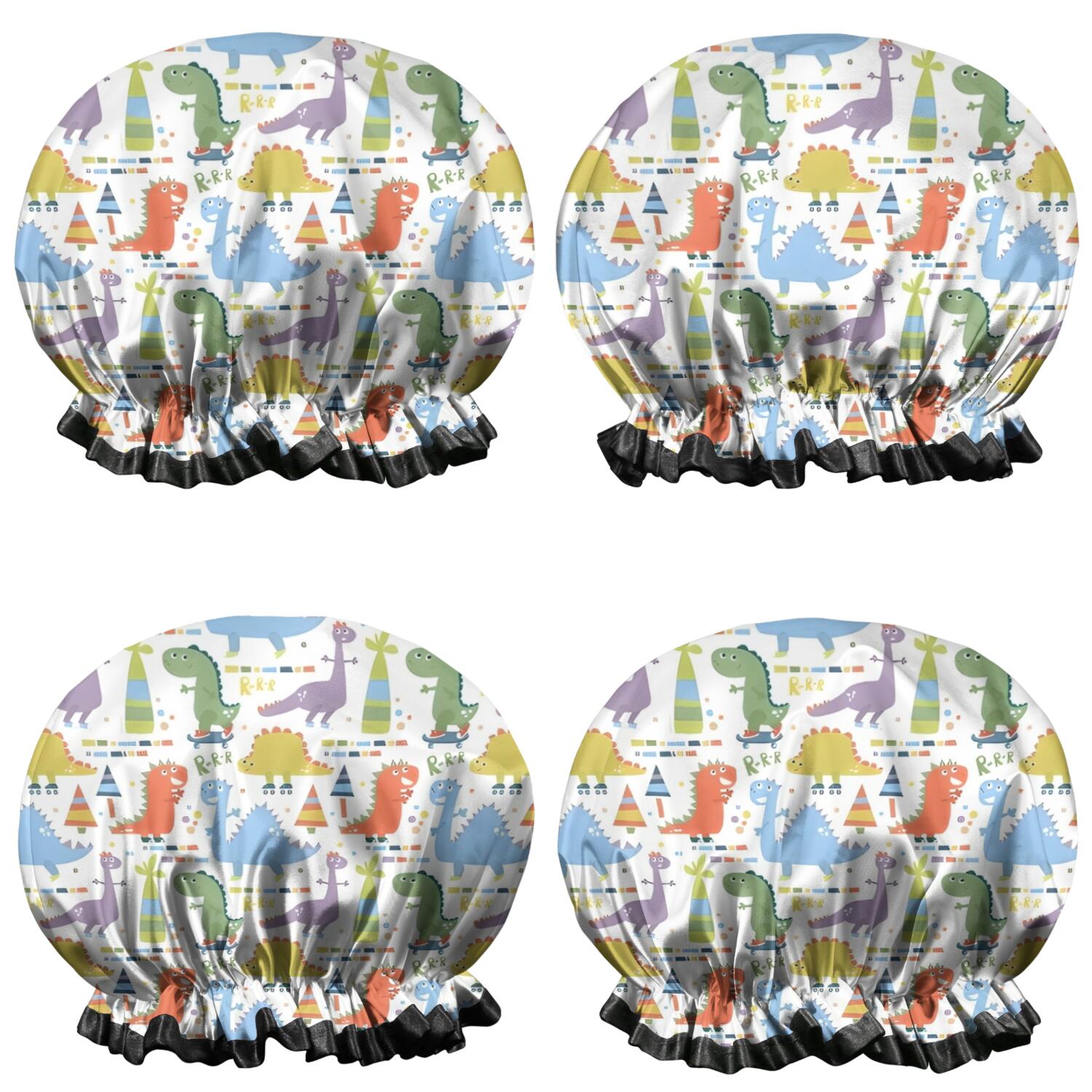 Shower Caps,Colorful Dinosaurs Skating Pattern Waterproof Shower Cap for Women 4 Pieces,Double Reusable Hair Cover for Shower PEVA Elastic Stretch Hem