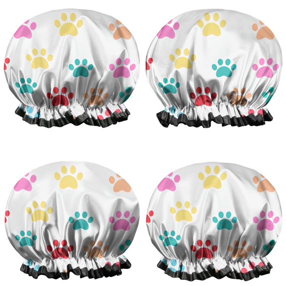 Shower Caps,Colorful Dog Paw Footprint Waterproof Shower Cap for Women 4 Pieces,Double Reusable Hair Cover for Shower PEVA Elastic Stretch Hem