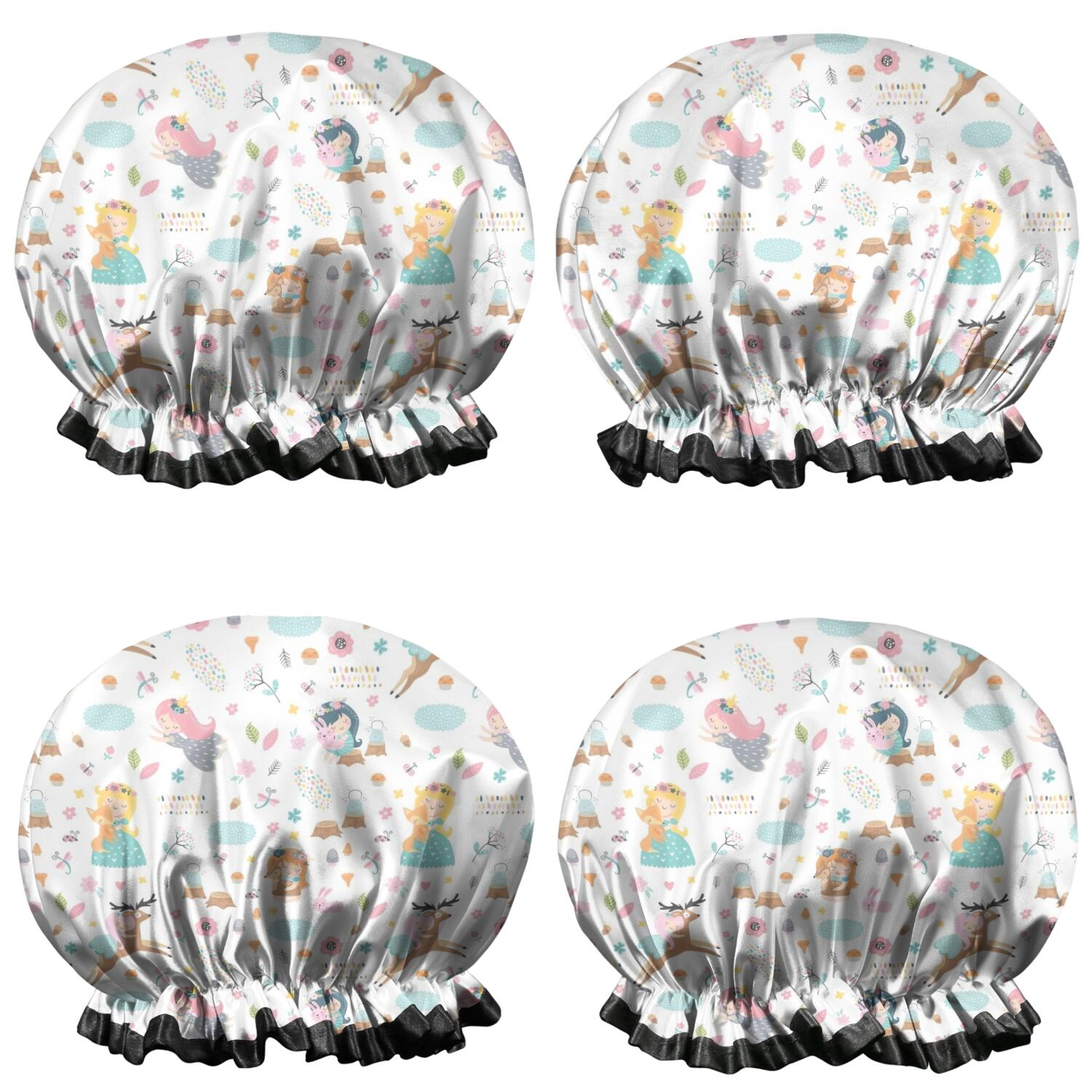 Shower Caps,Colorful Forest Princess Pattern Waterproof Shower Cap for Women 4 Pieces,Double Reusable Hair Cover for Shower PEVA Elastic Stretch Hem