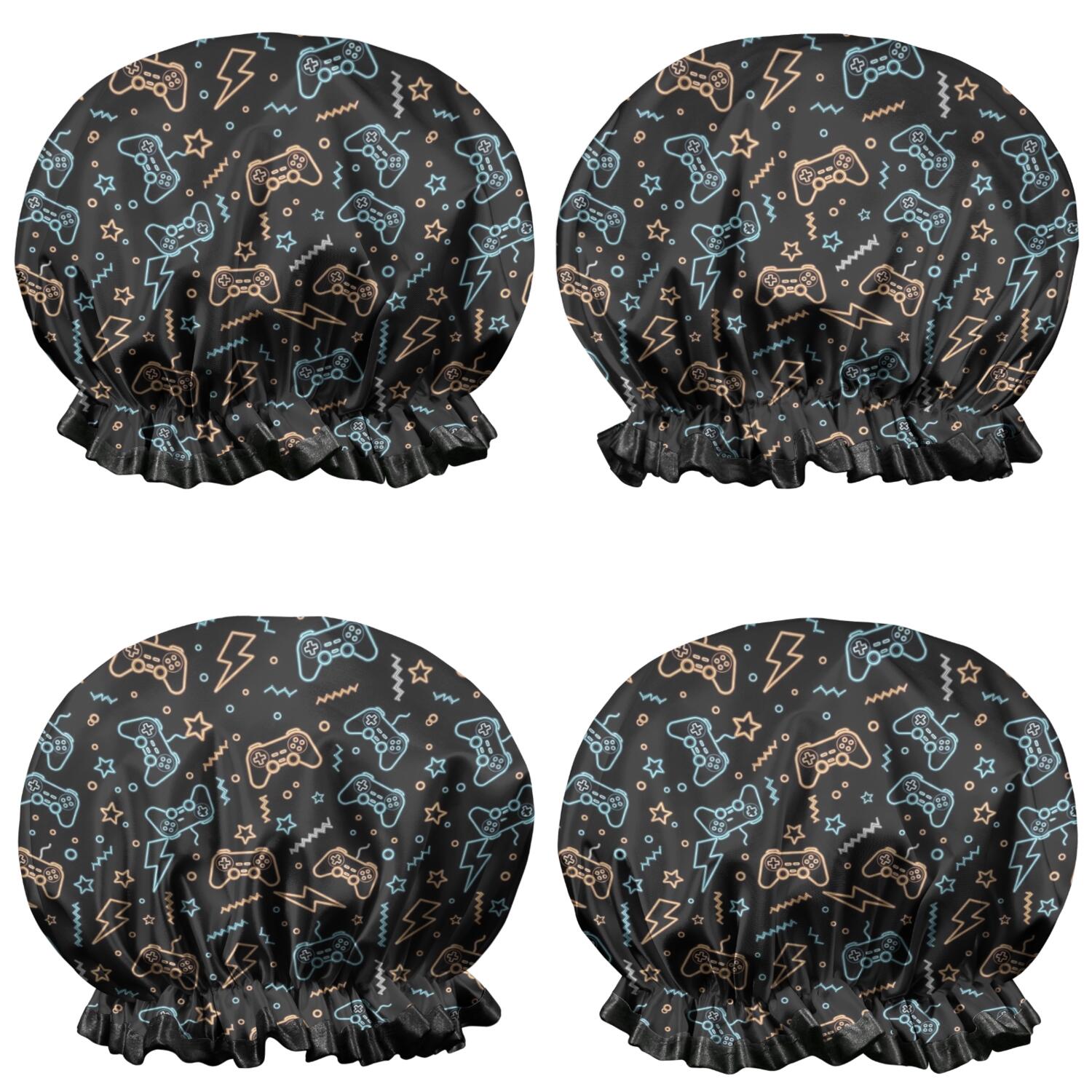 Shower Caps,Colorful Games Element Black Pattern Waterproof Shower Cap for Women 4 Pieces,Double Reusable Hair Cover for Shower PEVA Elastic Stretch Hem