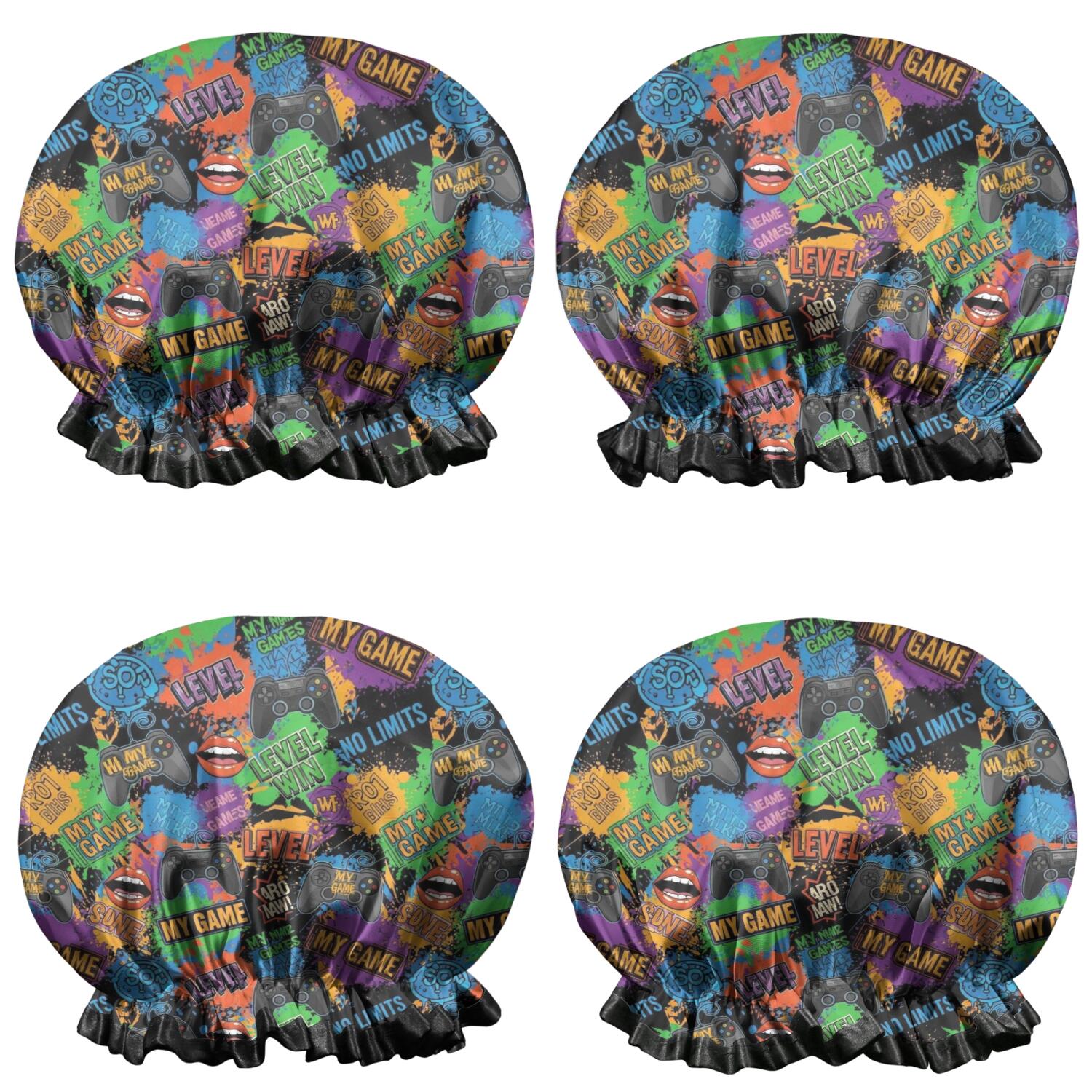 Shower Caps,Colorful Games Graffiti Black Pattern Waterproof Shower Cap for Women 4 Pieces,Double Reusable Hair Cover for Shower PEVA Elastic Stretch Hem