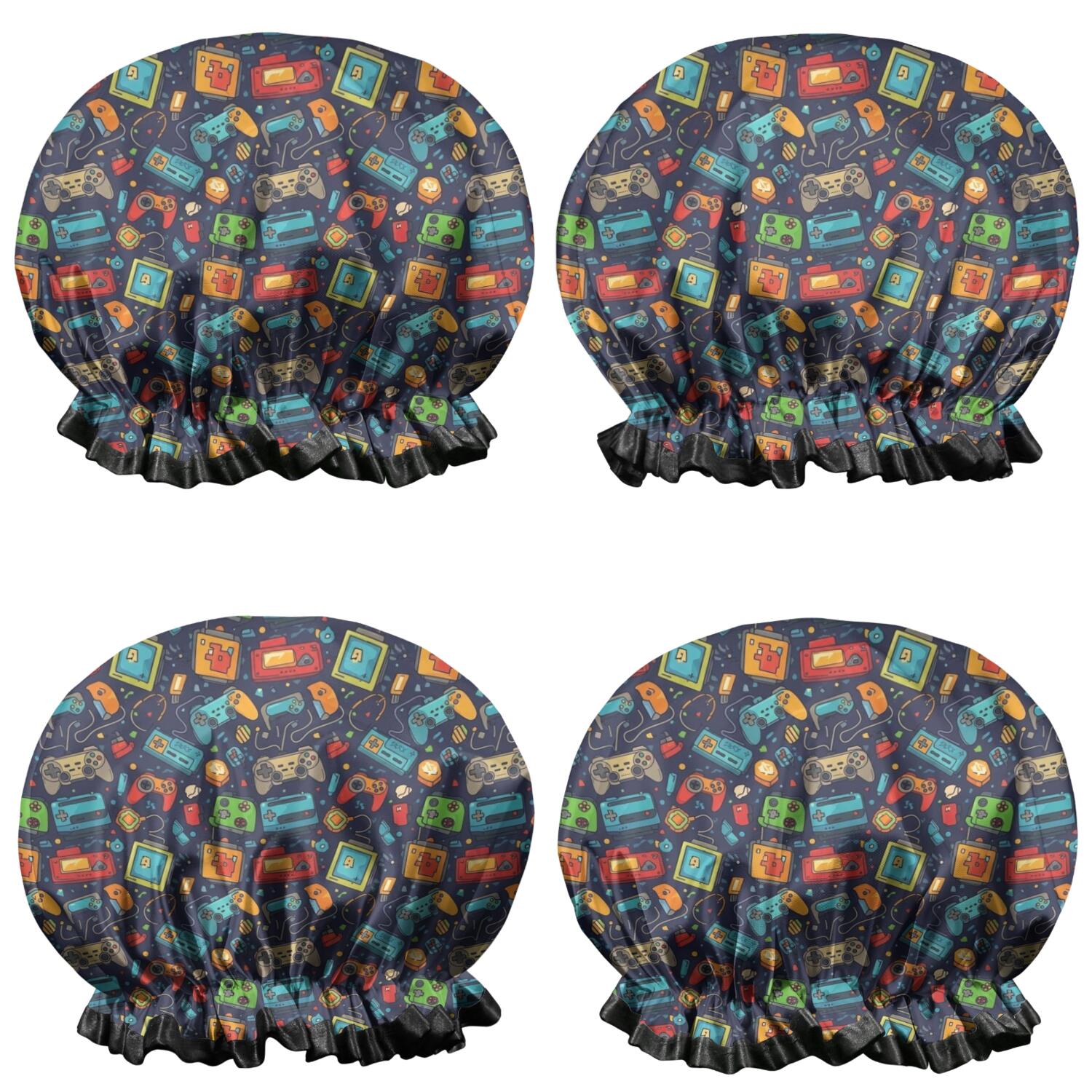 Shower Caps,Colorful Games Retro Black Pattern Waterproof Shower Cap for Women 4 Pieces,Double Reusable Hair Cover for Shower PEVA Elastic Stretch Hem
