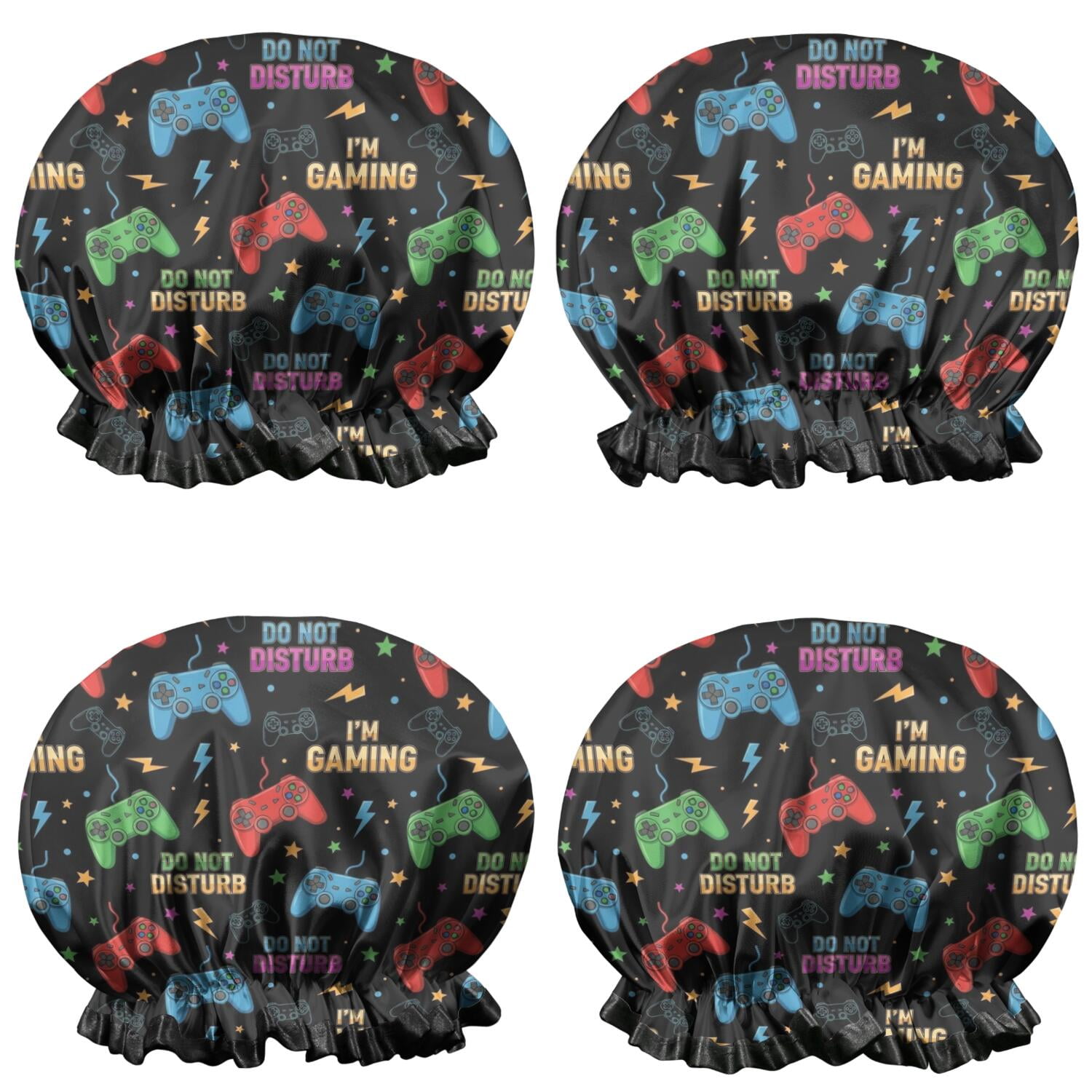 Shower Caps,Colorful Games Sign Black Pattern Waterproof Shower Cap for Women 4 Pieces,Double Reusable Hair Cover for Shower PEVA Elastic Stretch Hem