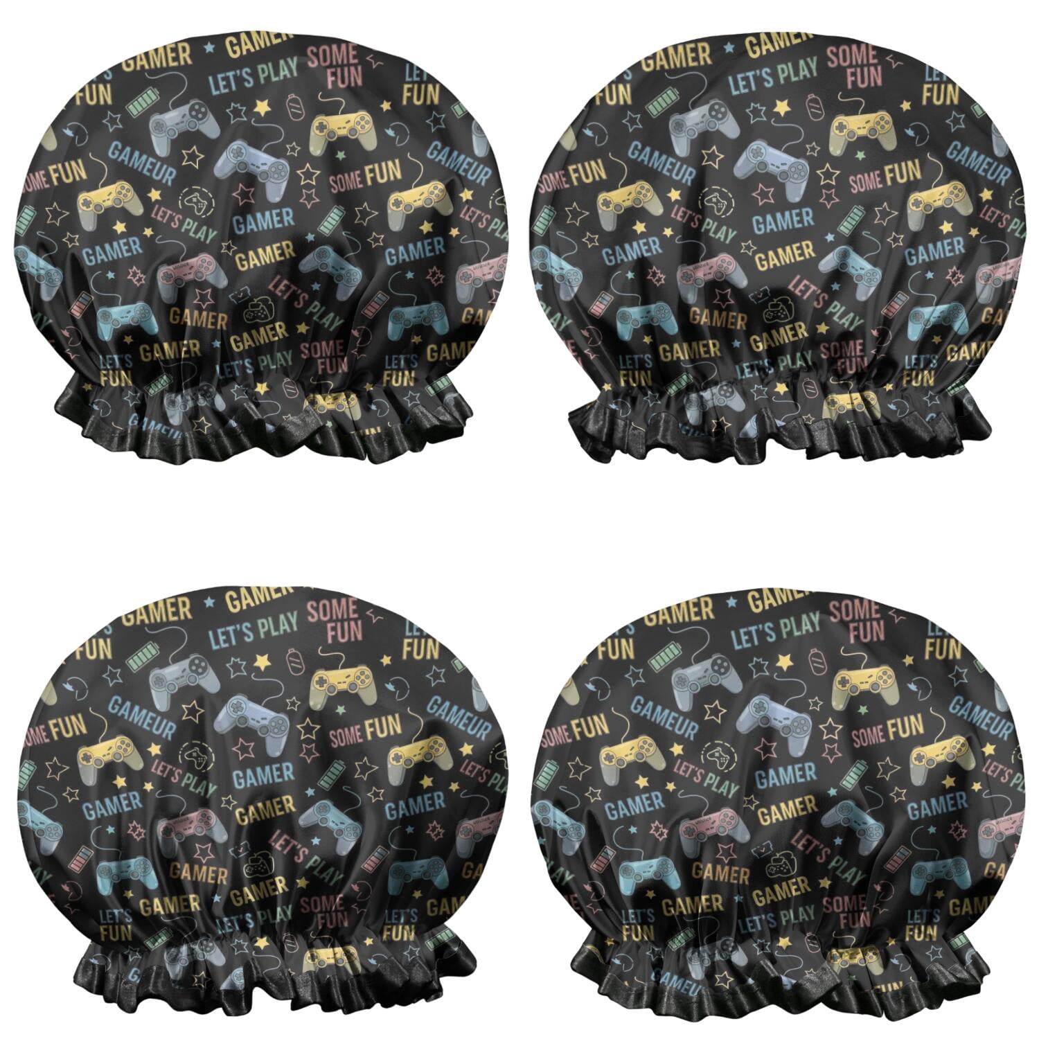 Shower Caps,Colorful Games Word Black Pattern Waterproof Shower Cap for Women 4 Pieces,Double Reusable Hair Cover for Shower PEVA Elastic Stretch Hem