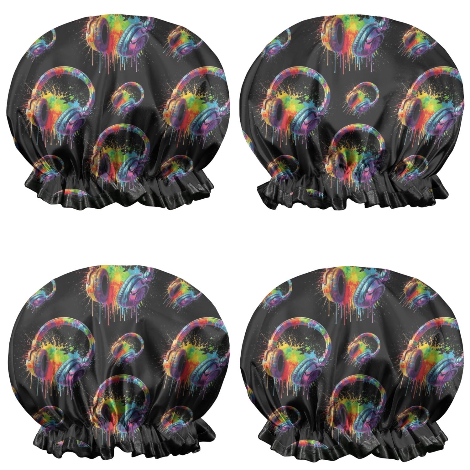 Shower Caps,Colorful Headphones Games Black Pattern Waterproof Shower Cap for Women 4 Pieces,Double Reusable Hair Cover for Shower PEVA Elastic Stretch Hem