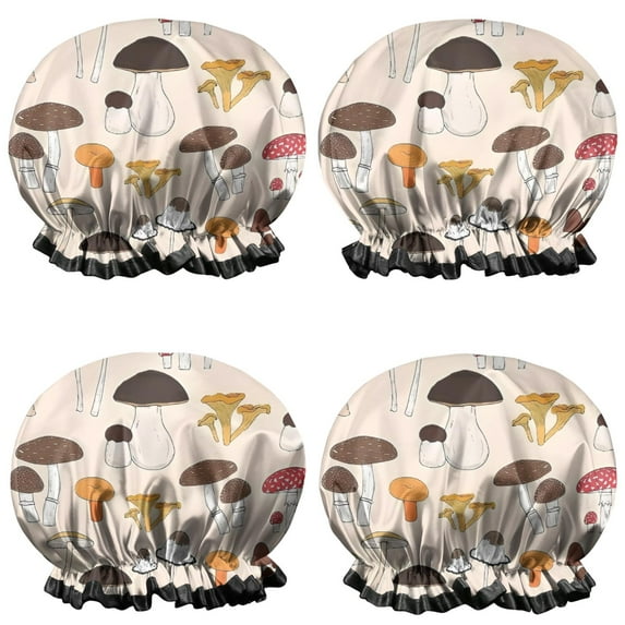 Shower Caps,Colorful Mushroom Assortment Light Pink Pattern Waterproof Shower Cap for Women 4 Pieces,Double Reusable Hair Cover for Shower PEVA Elastic Stretch Hem