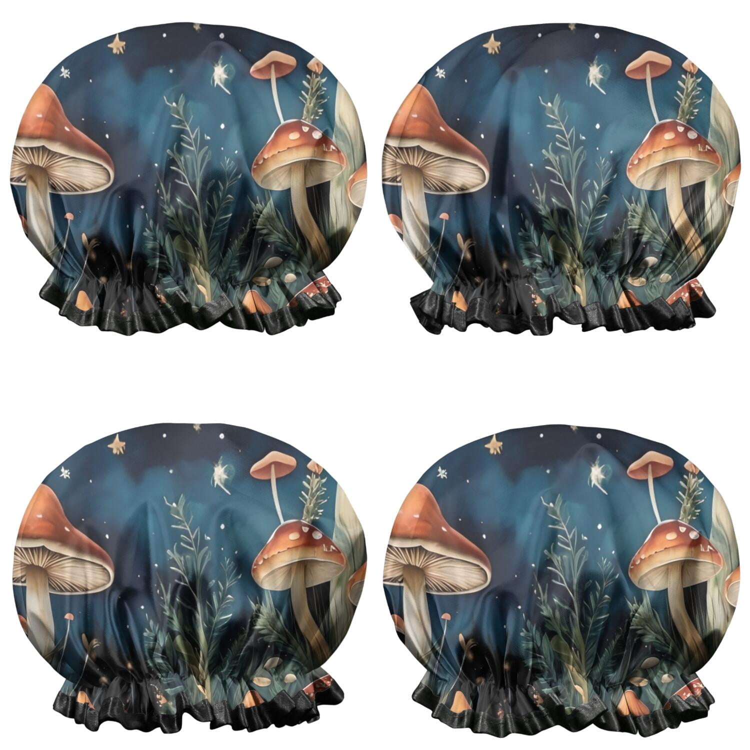 Shower Caps,Colorful Mushroom Eye Black Pattern Waterproof Shower Cap for Women 4 Pieces,Double Reusable Hair Cover for Shower PEVA Elastic Stretch Hem