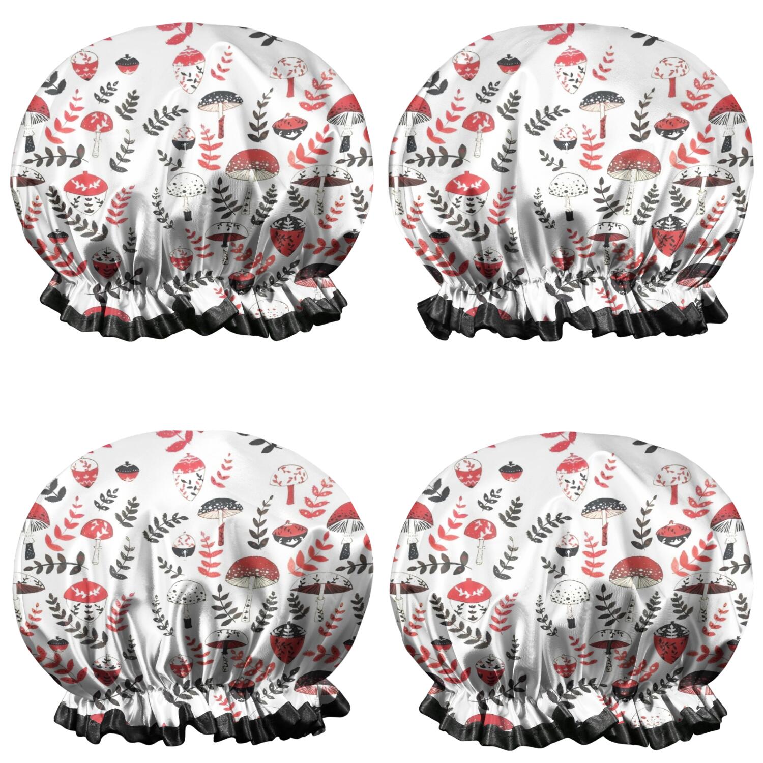 Shower Caps,Colorful Mushroom Floral White Pattern Waterproof Shower Cap for Women 4 Pieces,Double Reusable Hair Cover for Shower PEVA Elastic Stretch Hem