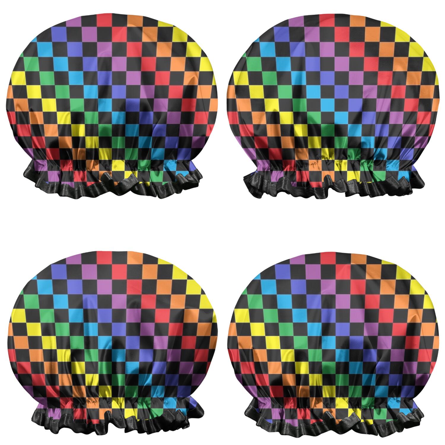 Shower Caps,Colorful Rainbow Checkered Pattern Waterproof Shower Cap for Women 4 Pieces,Double Reusable Hair Cover for Shower PEVA Elastic Stretch Hem