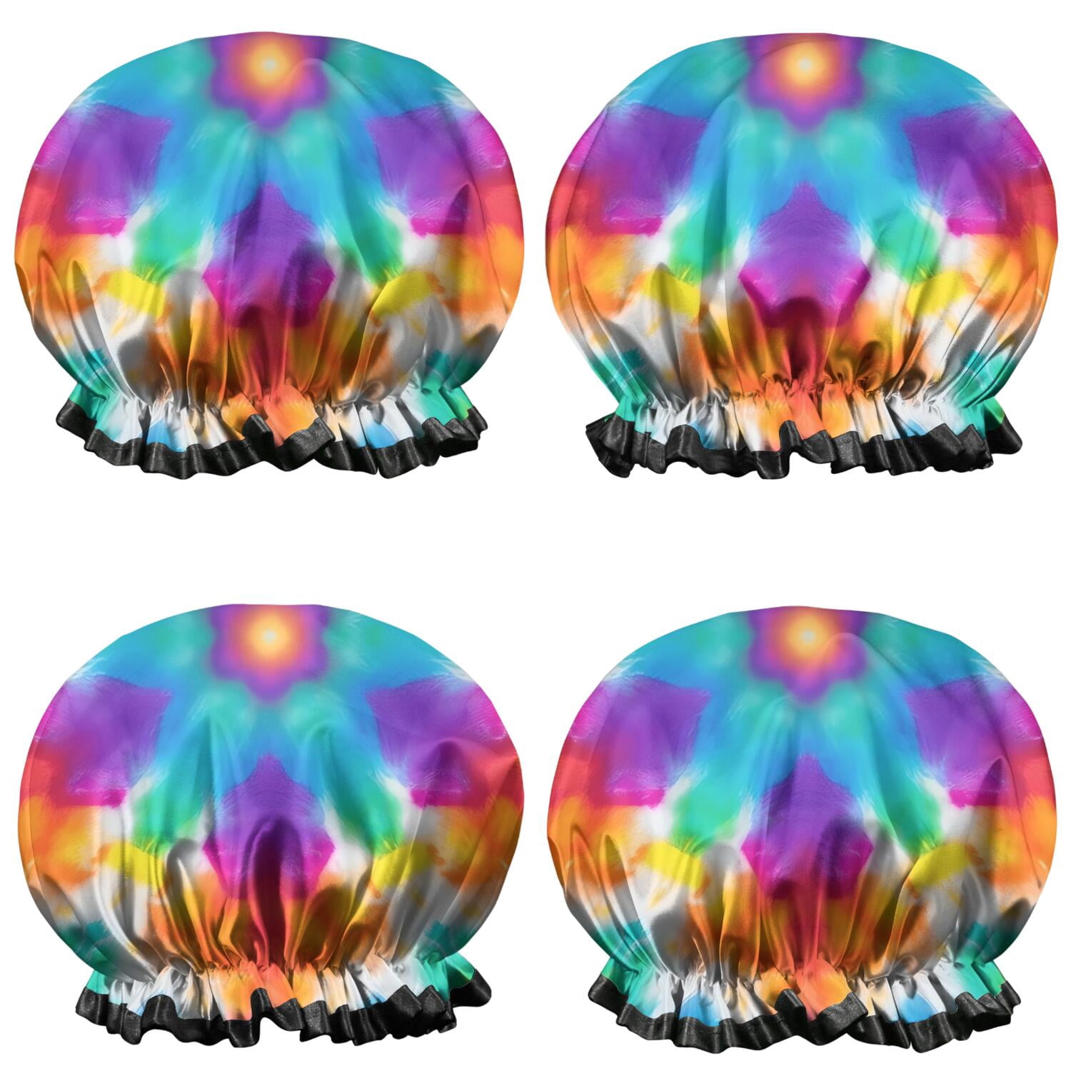 Shower Caps,Colorful Rainbow Tie Dye Spiral Pattern Waterproof Shower Cap for Women 4 Pieces,Double Reusable Hair Cover for Shower PEVA Elastic Stretch Hem