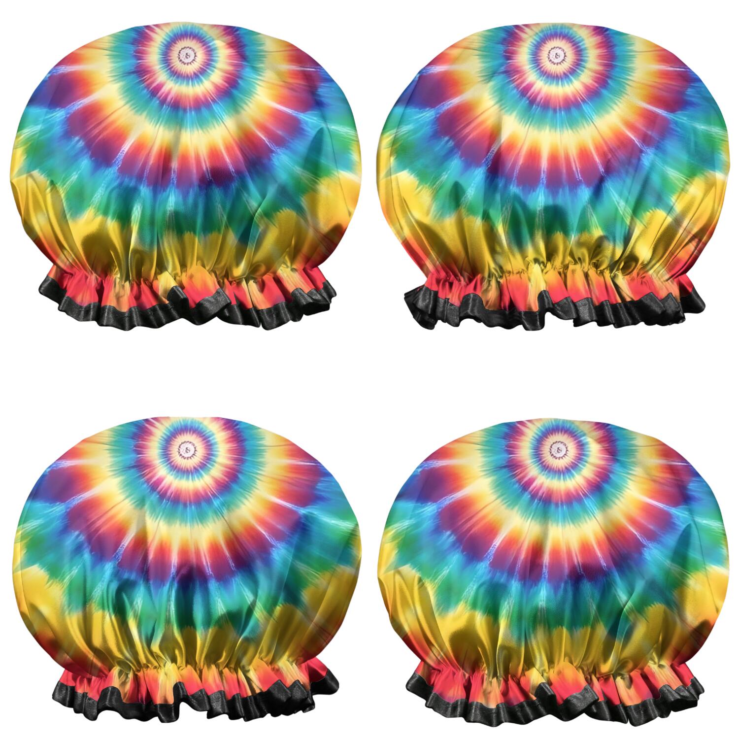 Shower Caps,Colorful Rainbow Tie Dye Spiral Pattern Waterproof Shower Cap for Women 4 Pieces,Double Reusable Hair Cover for Shower PEVA Elastic Stretch Hem