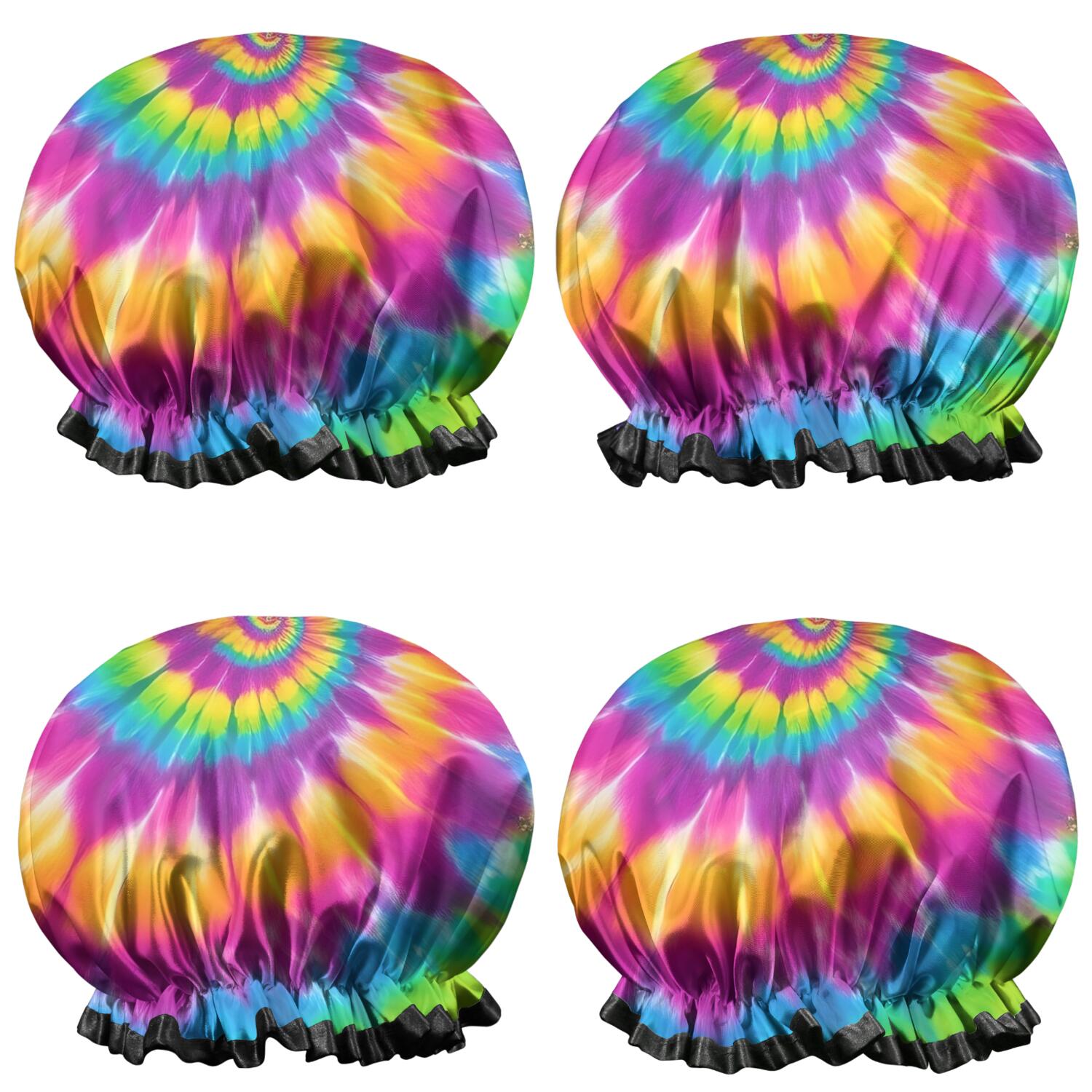Shower Caps,Colorful Rainbow Tie Dye Spiral Pattern Waterproof Shower Cap for Women 4 Pieces,Double Reusable Hair Cover for Shower PEVA Elastic Stretch Hem