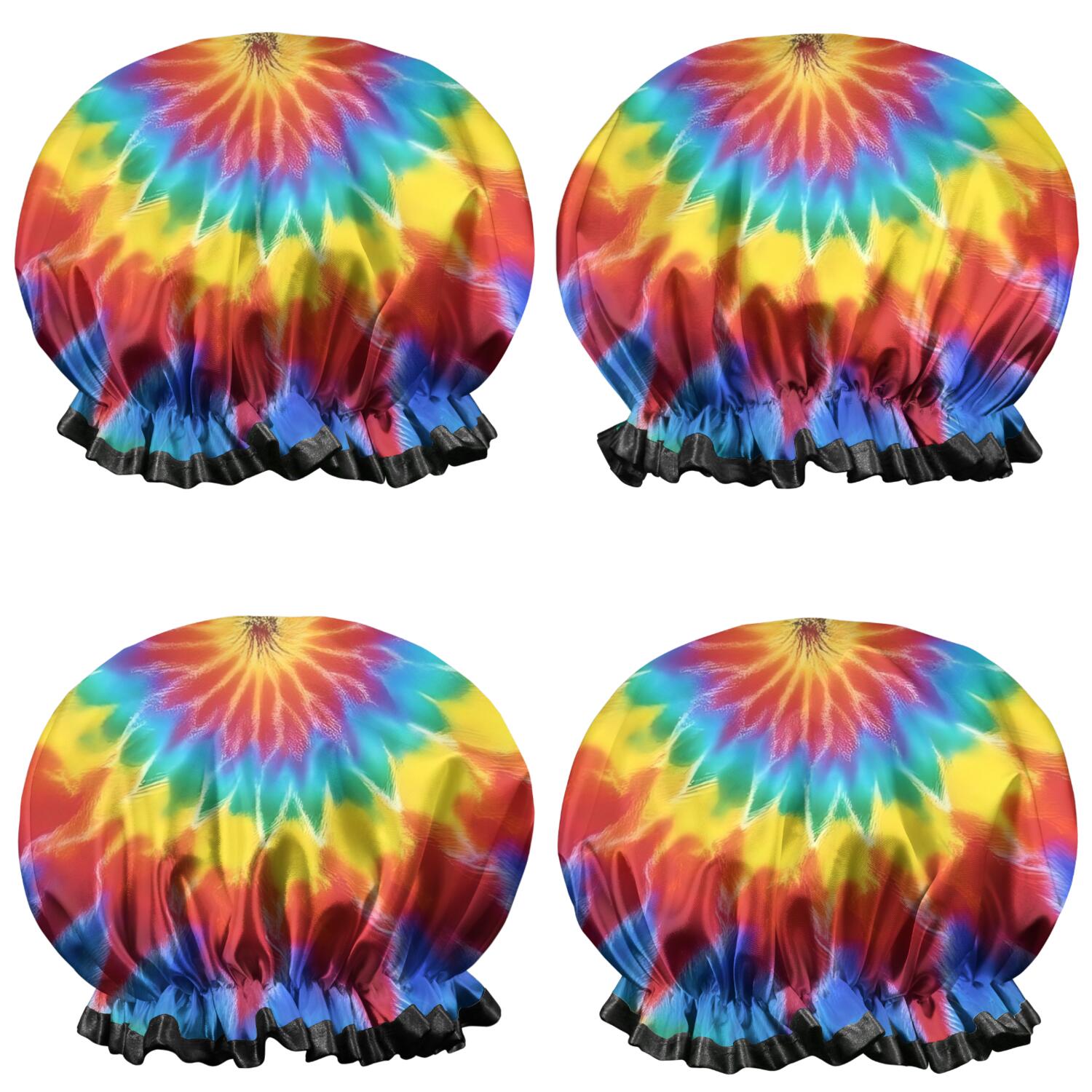 Shower Caps,Colorful Rainbow Tie Dye Spiral Pattern Waterproof Shower Cap for Women 4 Pieces,Double Reusable Hair Cover for Shower PEVA Elastic Stretch Hem