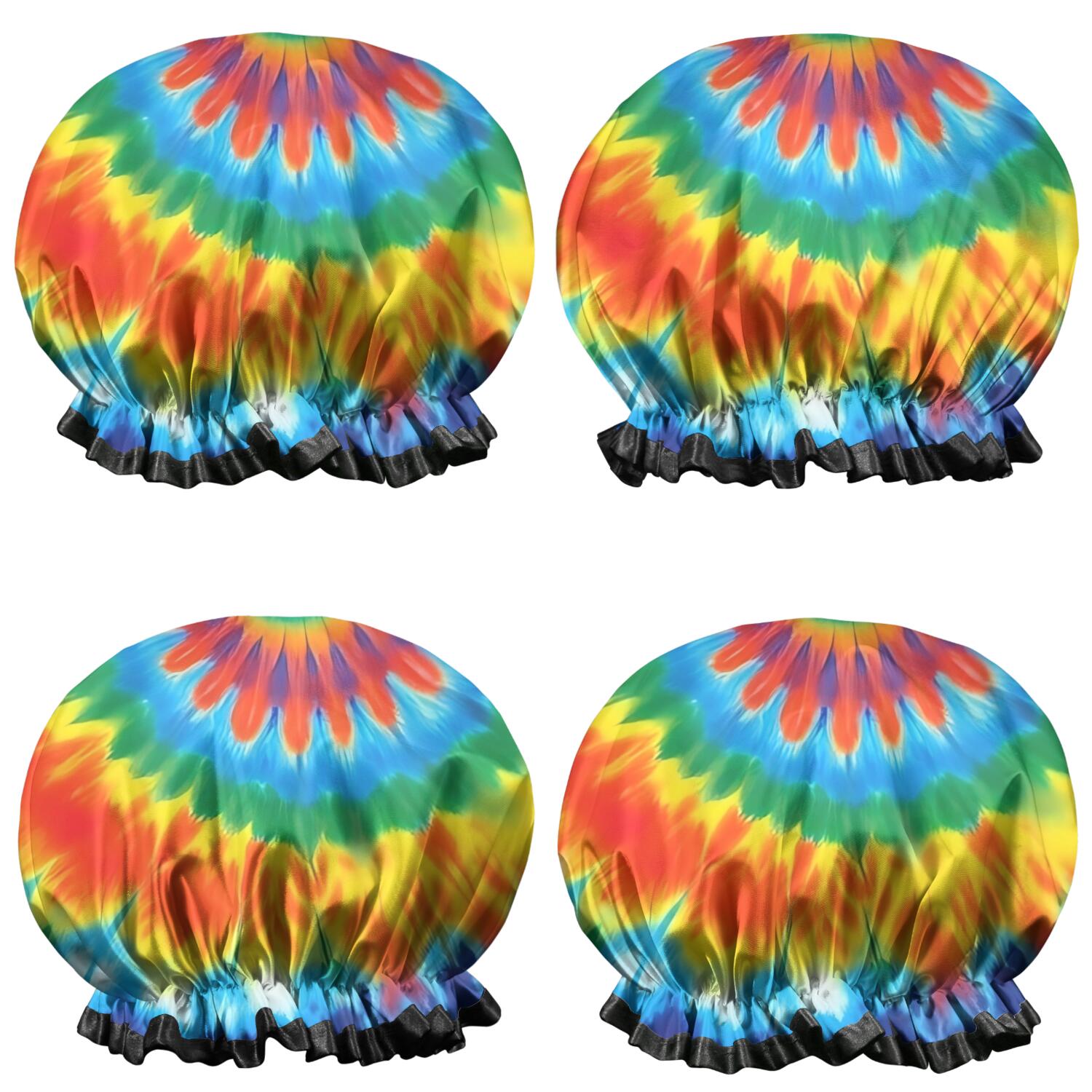 Shower Caps,Colorful Rainbow Tie Dye Spiral Pattern Waterproof Shower Cap for Women 4 Pieces,Double Reusable Hair Cover for Shower PEVA Elastic Stretch Hem